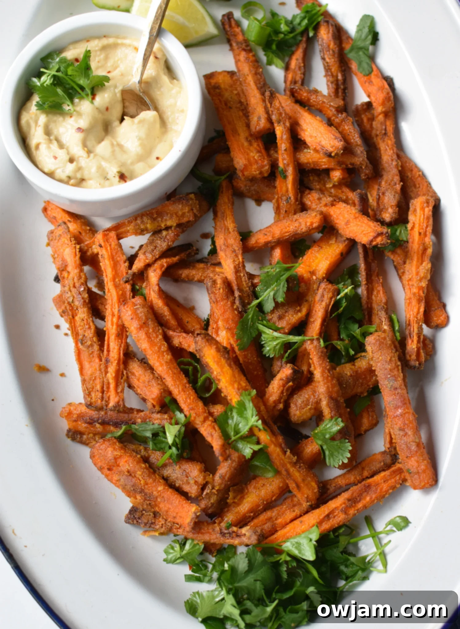 Roasted Carrot Fries 2 Oven Baked Carrot Fries on a white oval plate, garnished with fresh herbs.