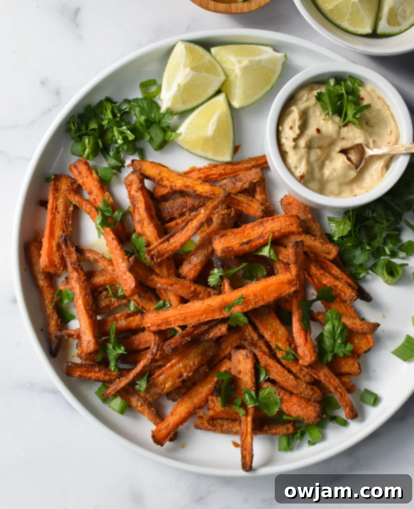Roasted Carrot Fries 6 Oven Baked Carrot Fries on a white round plate, ready to be served.