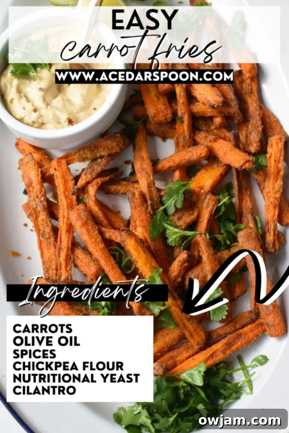 Roasted Carrot Fries 7 Platter of Oven Baked Carrot Fries with A Cedar Spoon logo.