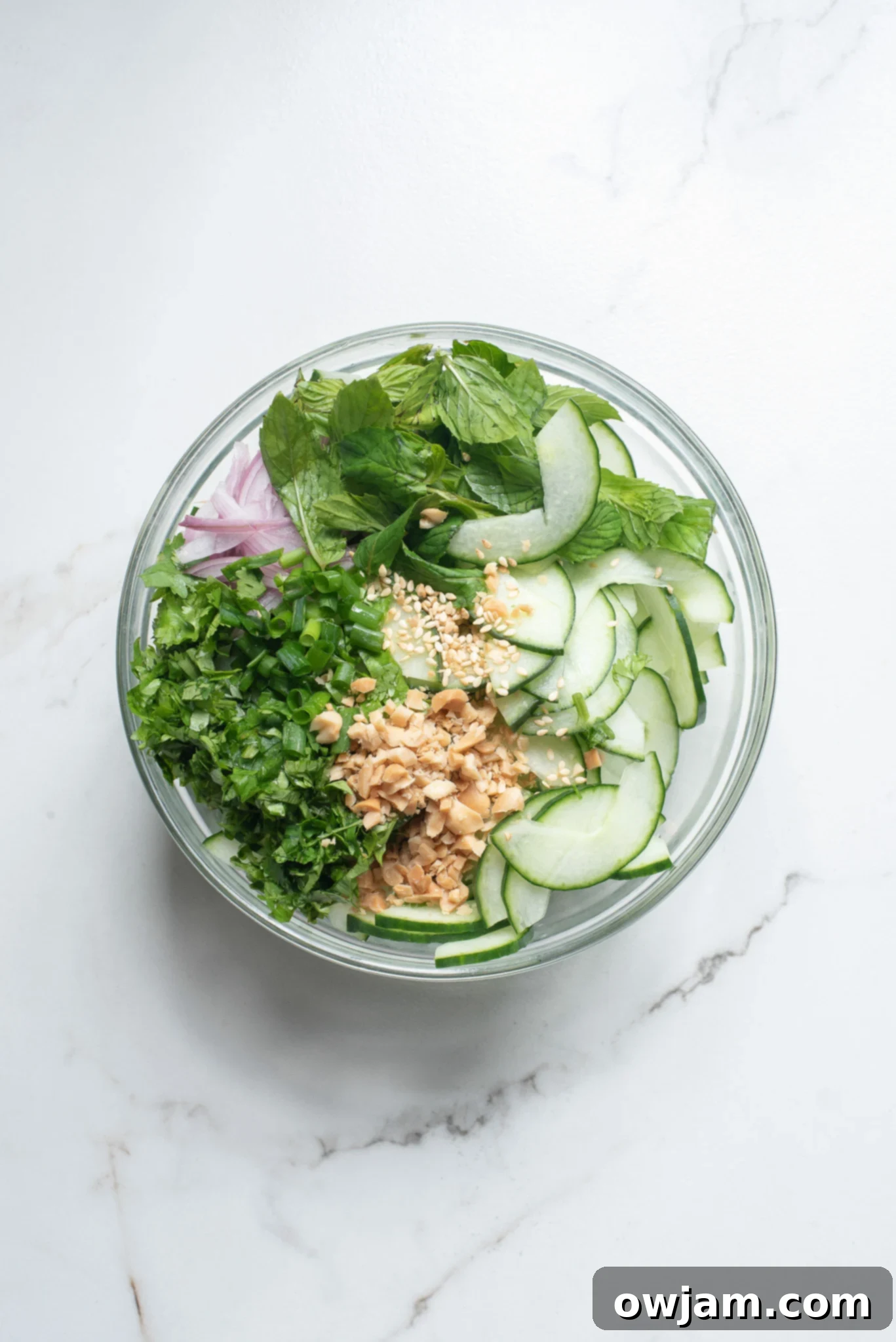 Zesty Thai Cucumber Delight 5 Thai Cucumber Salad ingredients in a bowl.