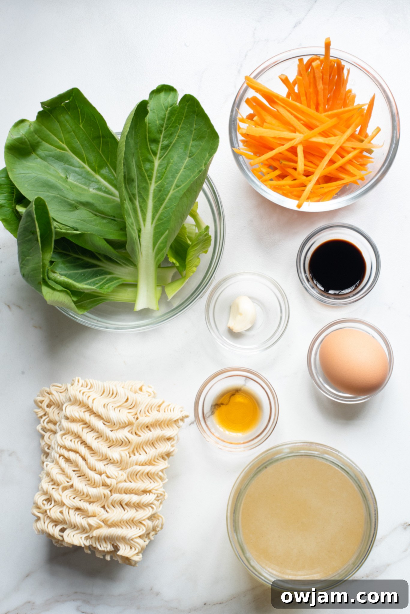Fresh ingredients for Easy Ramen Noodle Soup, including carrots, bok choy, garlic, broth, and ramen noodles.