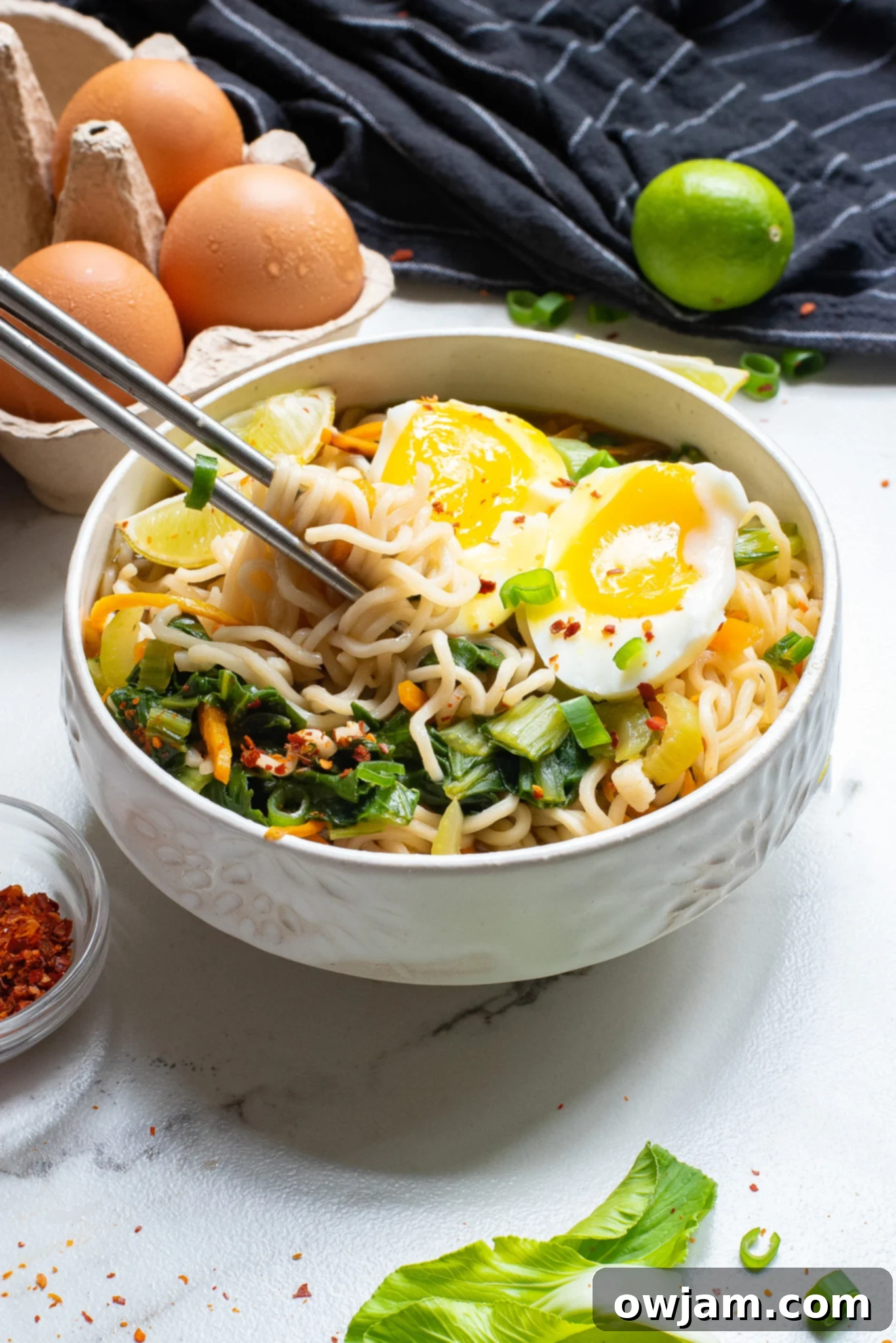 Easy Ramen Noodle Soup served in a bowl with chopsticks.
