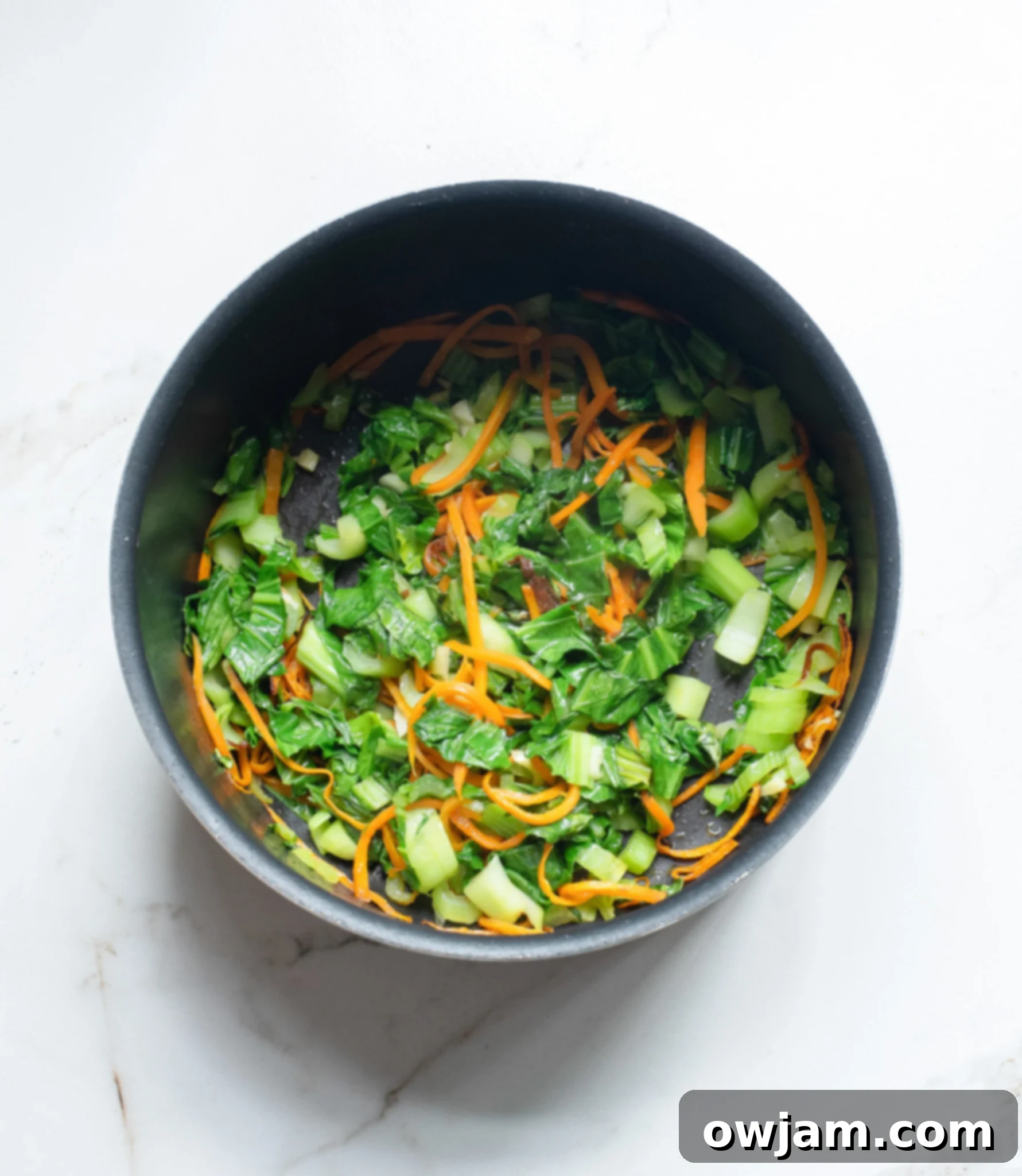Sautéing carrots, bok choy, and garlic in a pot for Easy Ramen Noodle Soup.