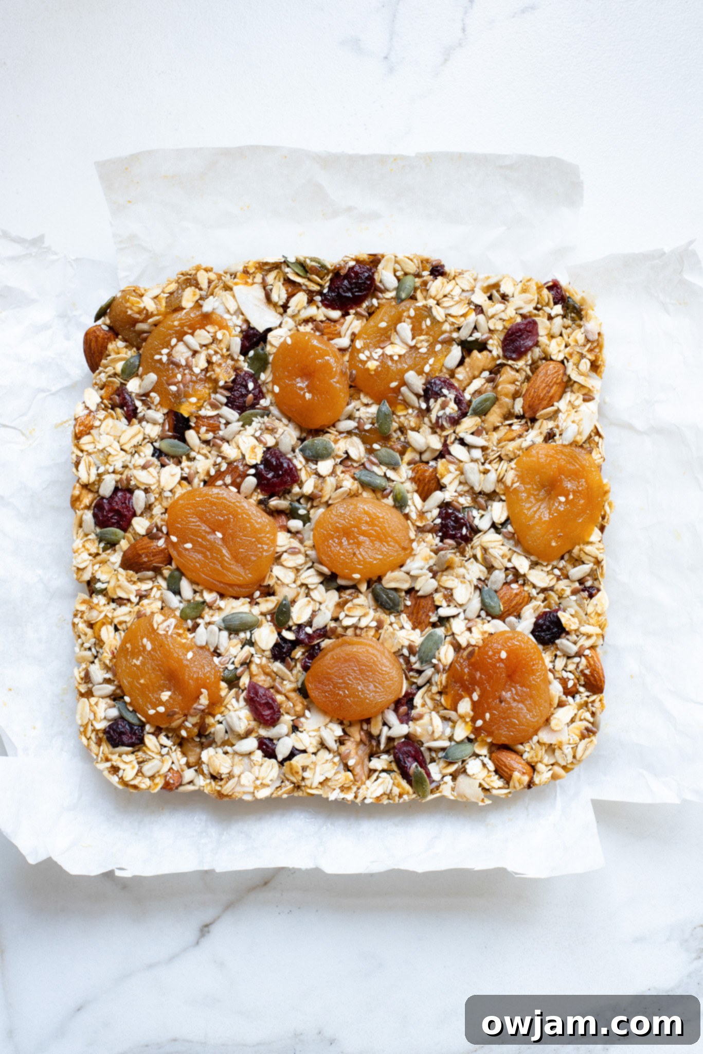 Effortless Date Granola Bars 10 Easy Date Granola Bars ready to cut after setting.