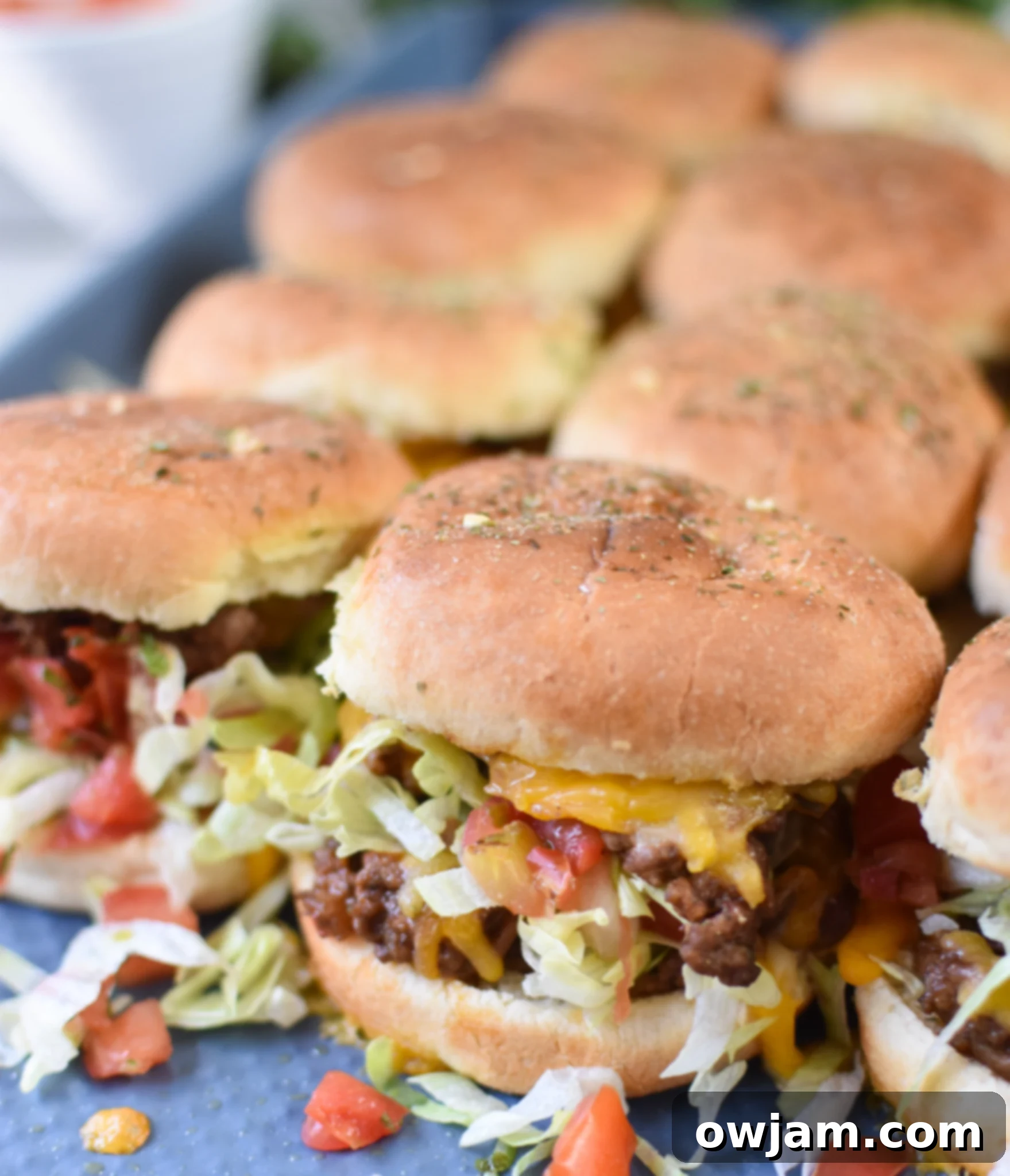 Taco Beef Sliders on a baking sheet. 