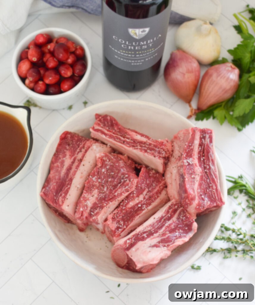 Festive Cranberry Braised Short Ribs 3 Collection of fresh ingredients for Cranberry Braised Short Ribs Recipe including beef, vegetables, herbs, and cranberries.