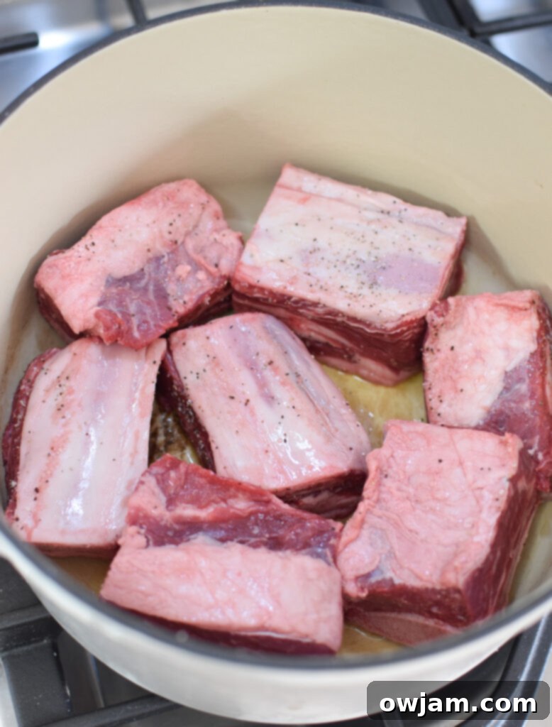 Festive Cranberry Braised Short Ribs 5 Cranberry Braised Short Ribs Recipe showing seasoned beef being seared in a Dutch oven.