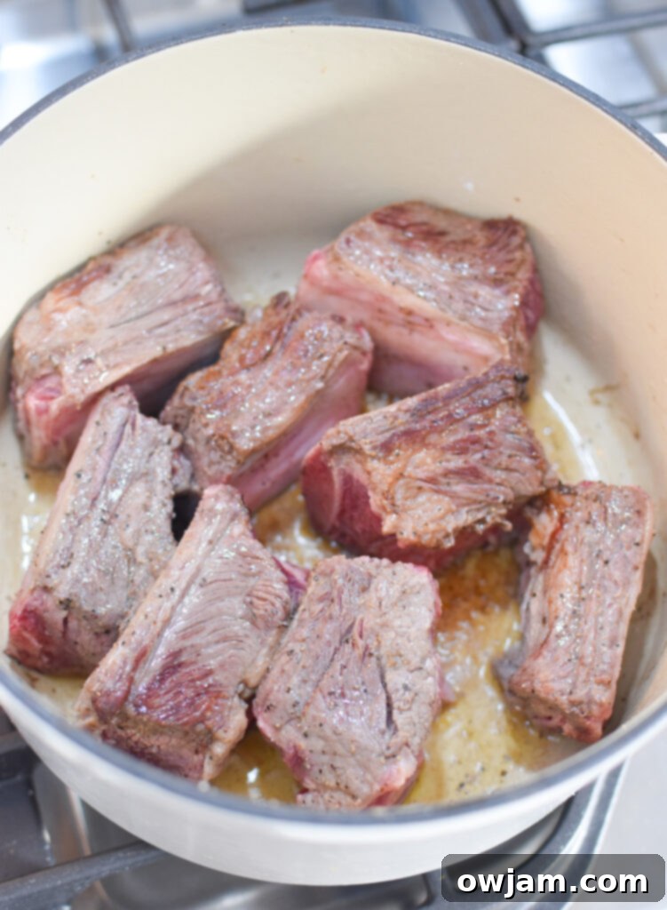 Festive Cranberry Braised Short Ribs 6 Cranberry Braised Short Ribs Recipe showing the browning of short ribs in a Dutch oven.
