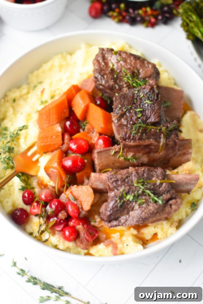 Festive Cranberry Braised Short Ribs 10 Cranberry Braised Short Ribs Recipe plated and garnished with fresh rosemary, ready to be served.