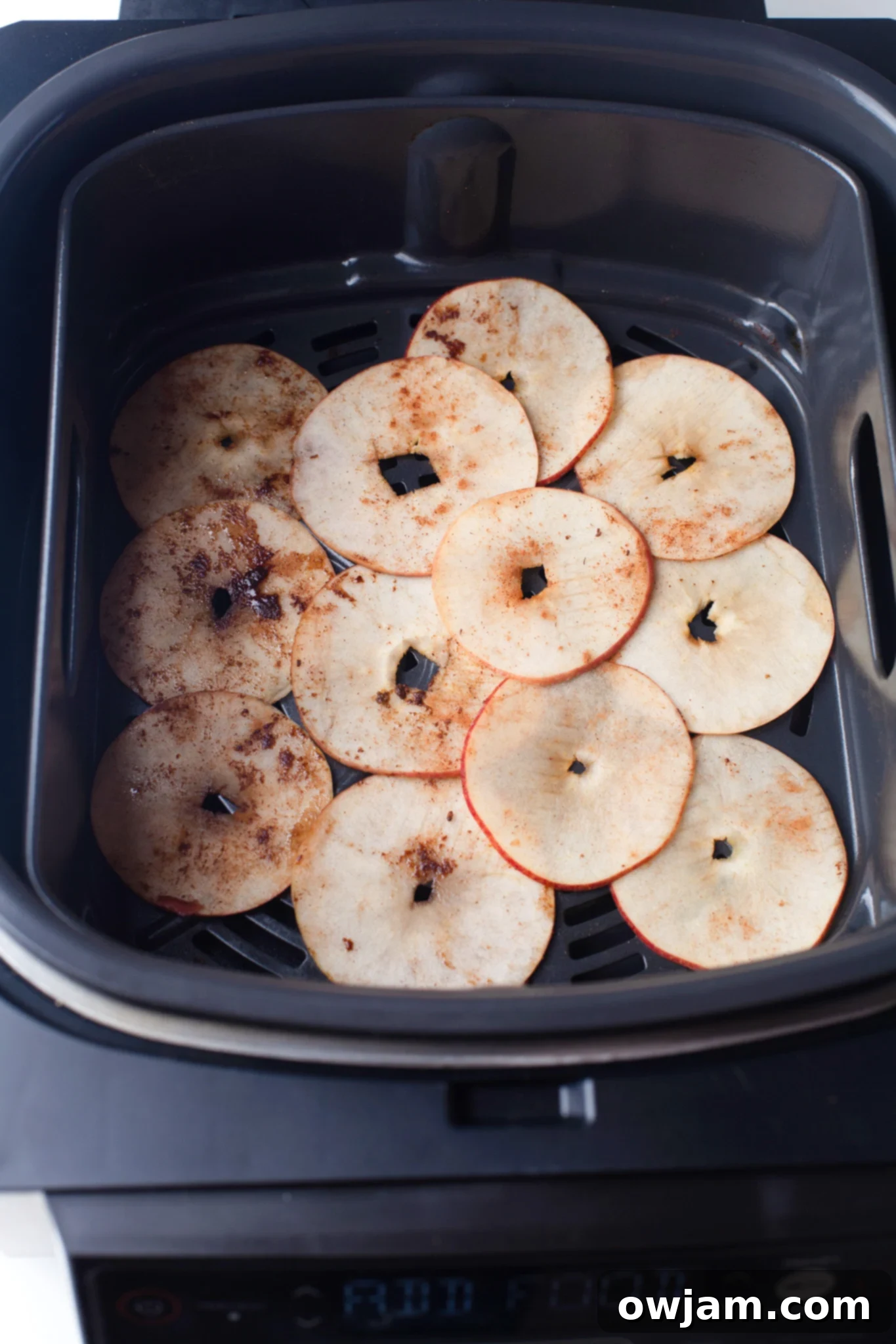 Perfectly Crispy Air Fryer Apple Slices 8 Easy Air Fryer Apple Chips cooking in an air fryer basket, showing slices arranged in a single layer.