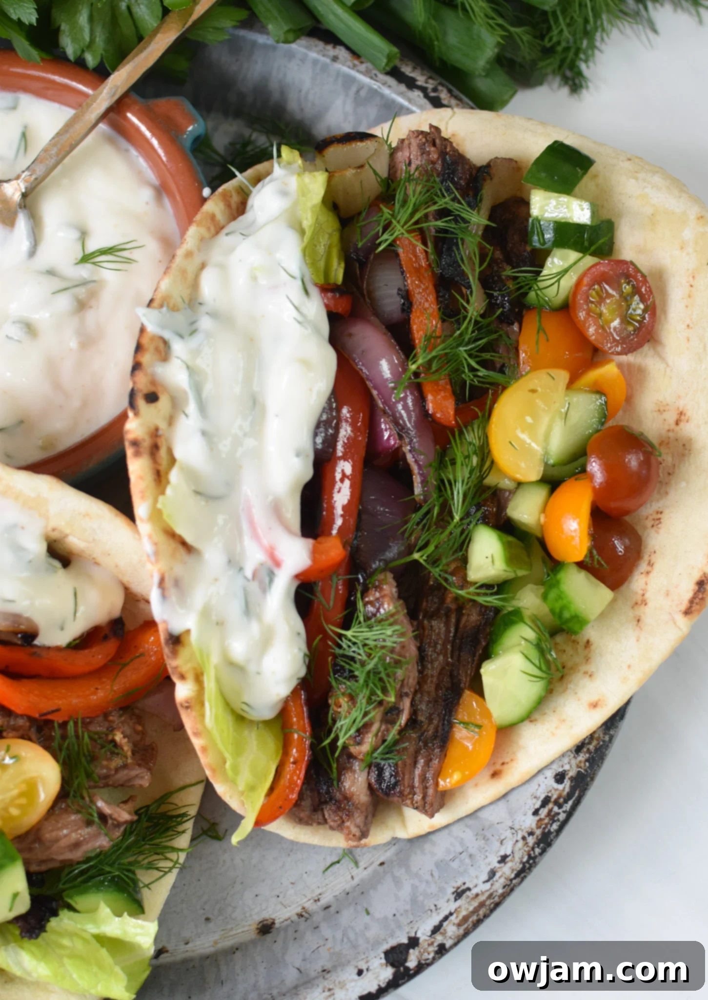 Easy Beef Gyros with yogurt in a pita.