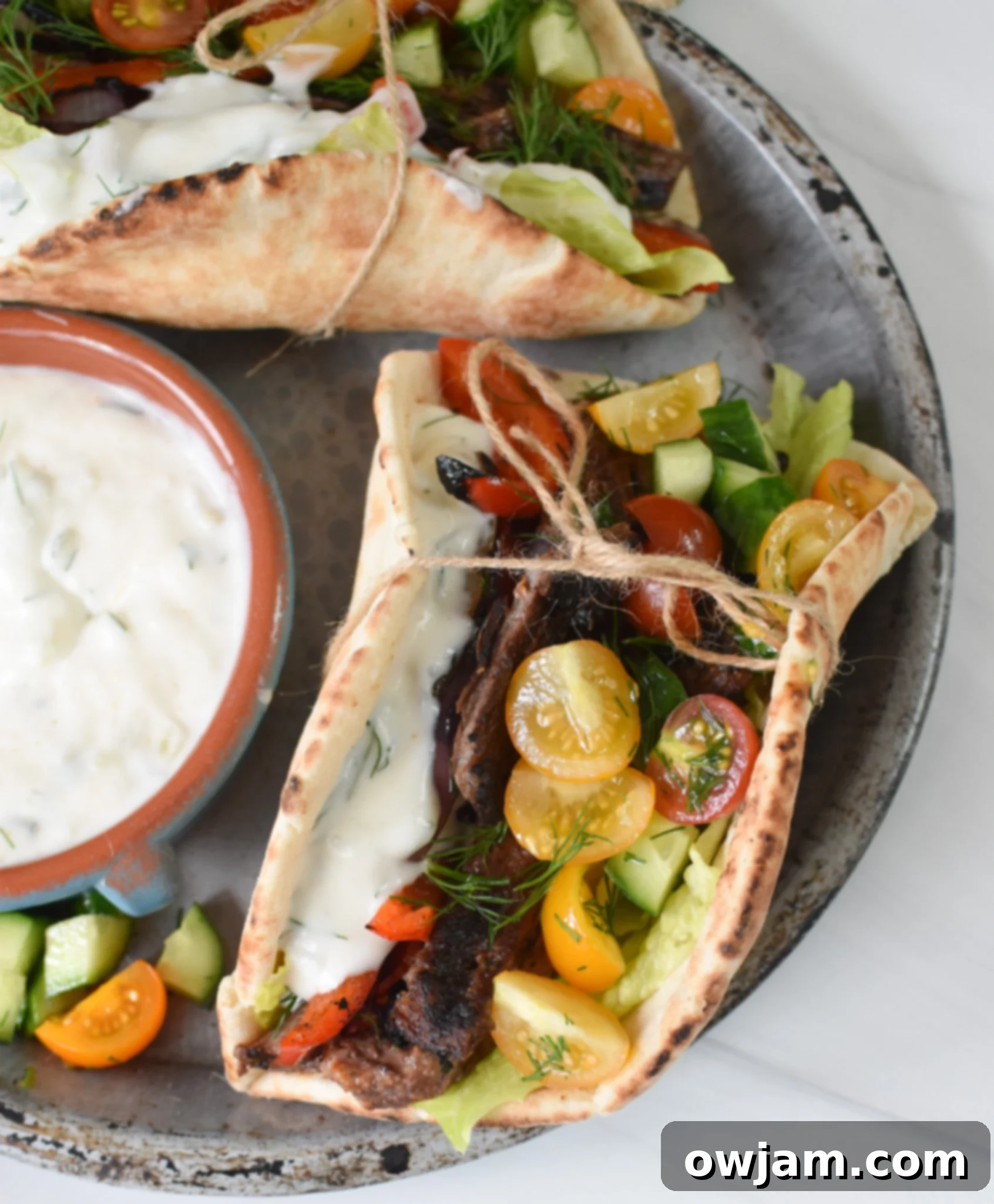 Easy Beef Gyros tied pita.