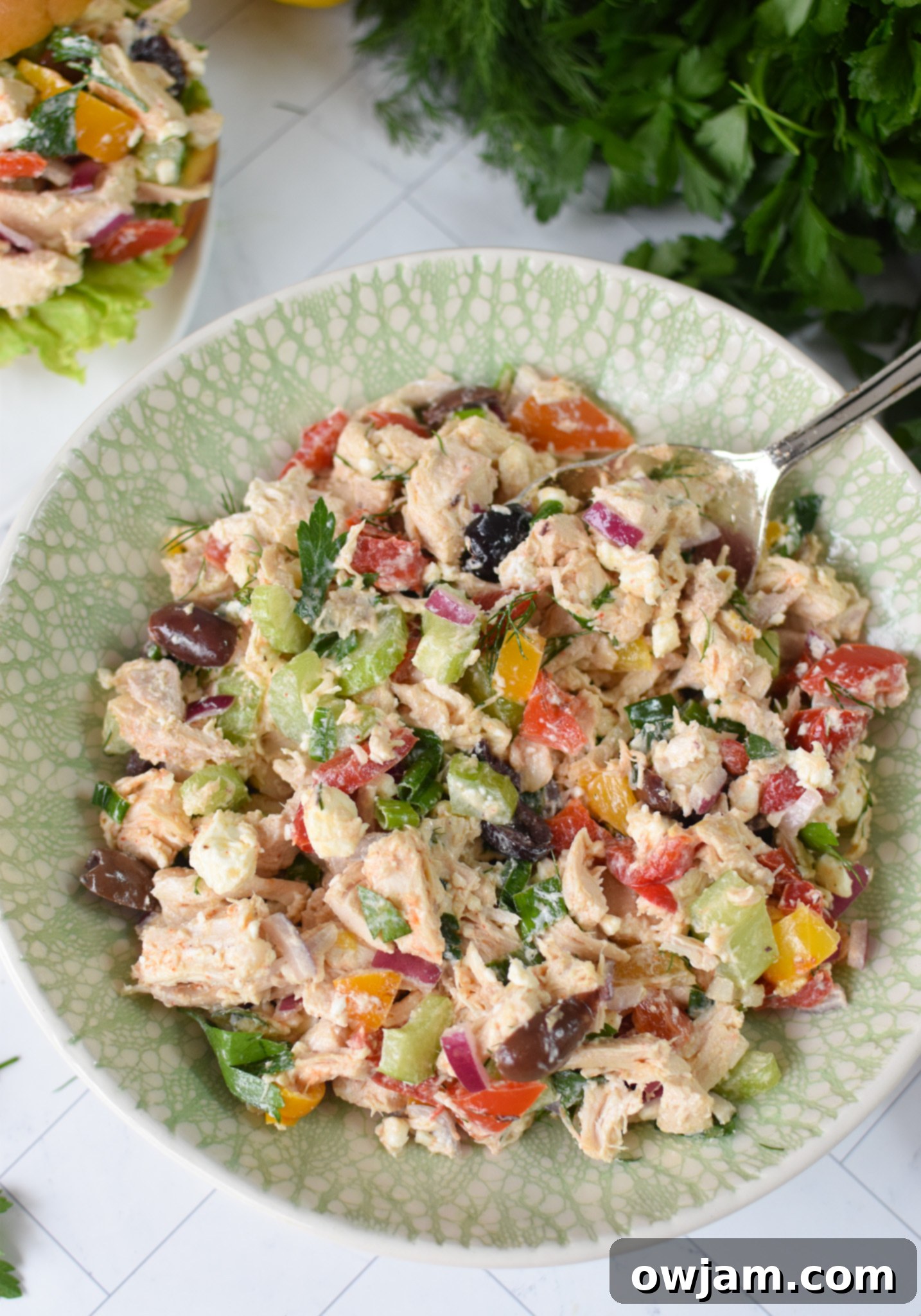Healthy Mediterranean Chicken Salad in a vibrant green bowl, garnished with fresh dill and olives.