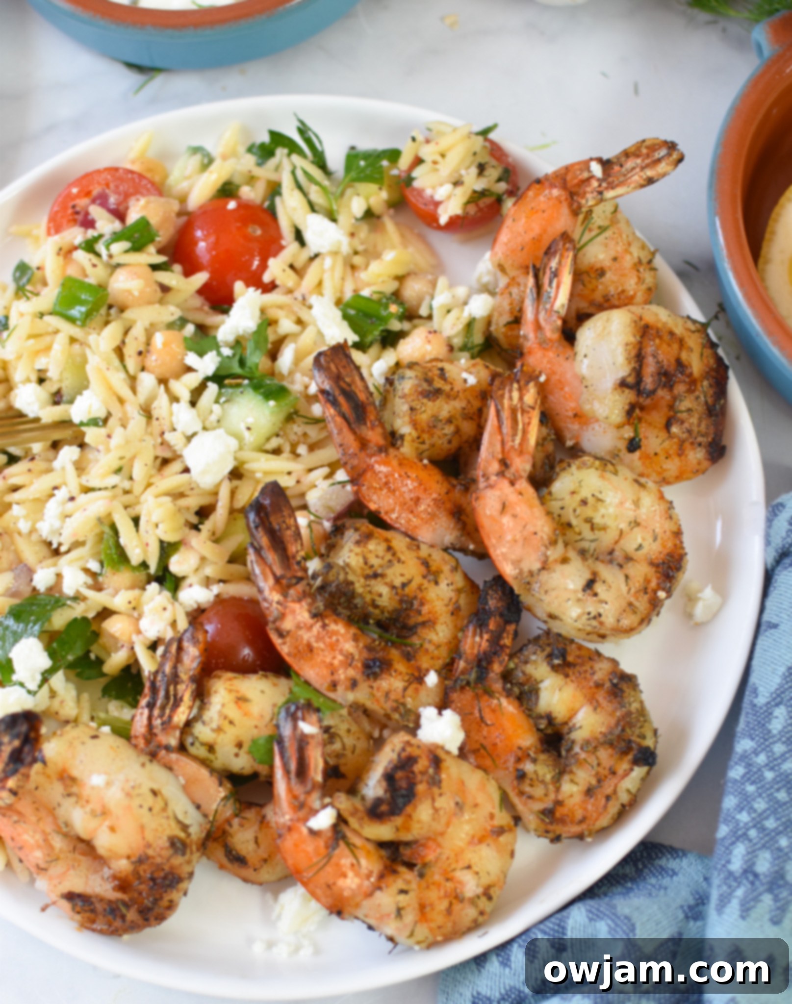 Zesty Greek Shrimp Marinade 3 Greek Shrimp Marinade on a plate with orzo salad.