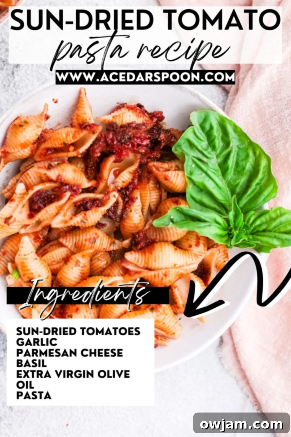 Sun-Dried Tomato Pesto Pasta with a stylized logo overlay, presented beautifully in a bowl.