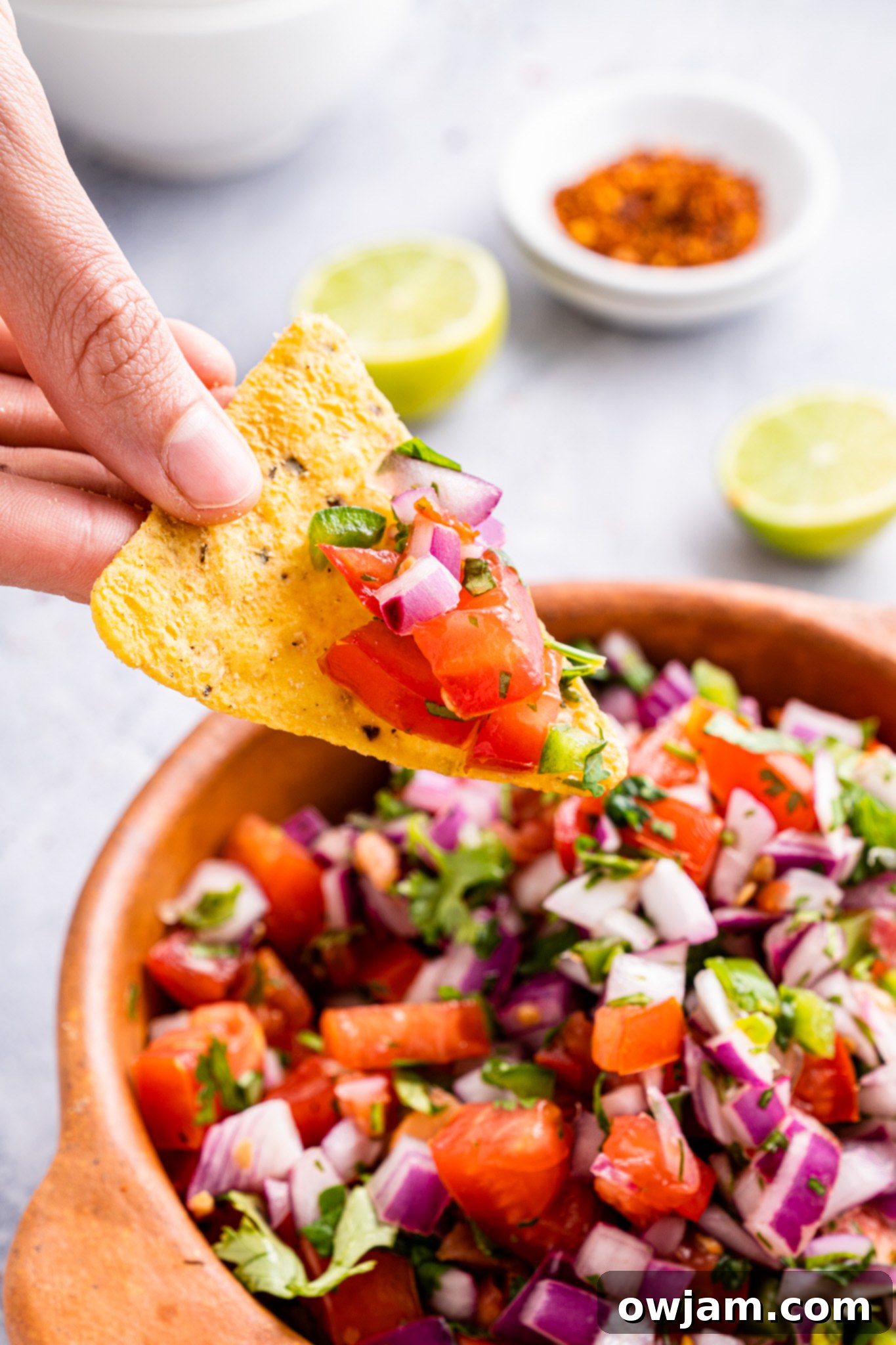 Fresh Homemade Pico de Gallo 4 Homemade Pico de Gallo chip with salsa on it.