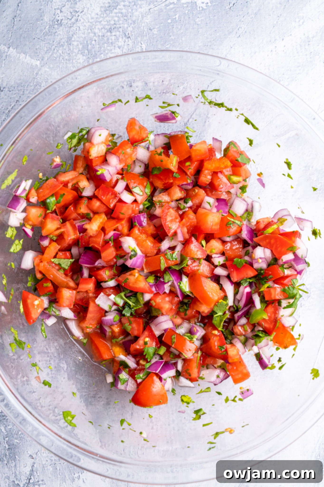 Fresh Homemade Pico de Gallo 7 Homemade Pico de Gallo salsa mixed in a bowl.
