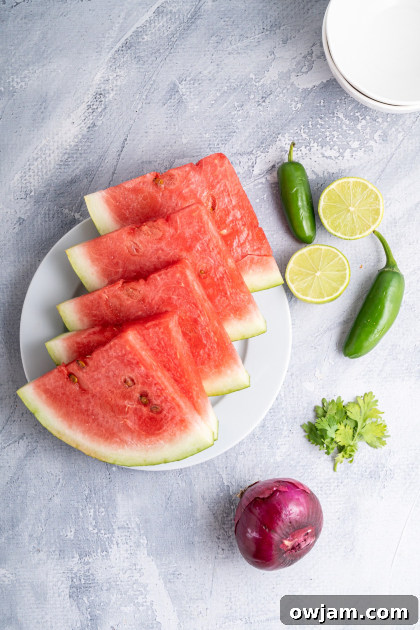 Effortless Watermelon Salsa 4 Fresh ingredients for Easy Watermelon Salsa laid out on a blue cutting board, including diced watermelon, red onion, jalapeño, cilantro, garlic, and lime.