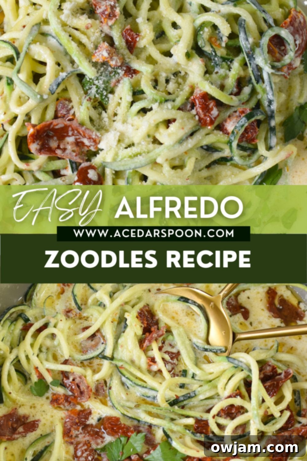 Alfredo Zoodles Recipe with logo.