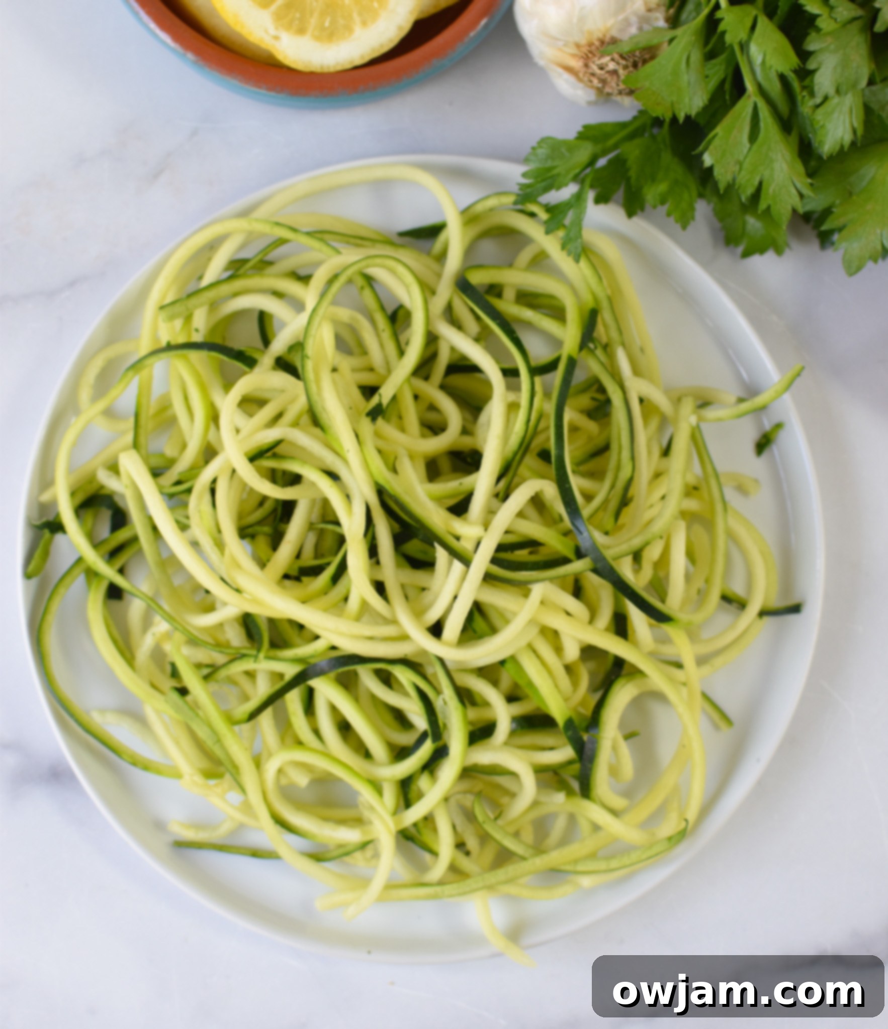 Alfredo Zoodles Recipe zucchini noodles on a plate. 