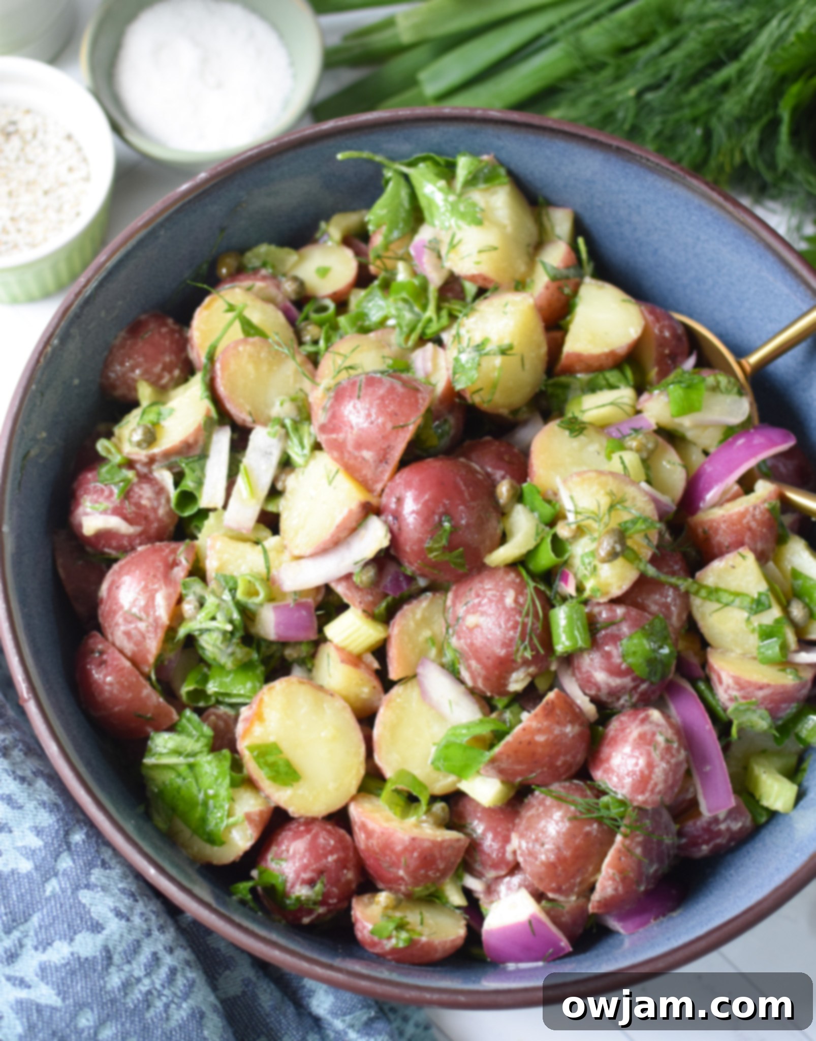 No Mayo Potato Salad in a blue bowl, showcasing the vibrant colors.