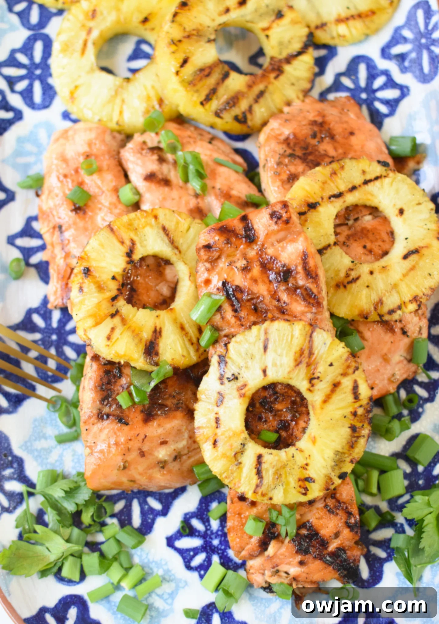 Aloha Grilled Salmon 2 Hawaiian Grilled Salmon on blue platter.