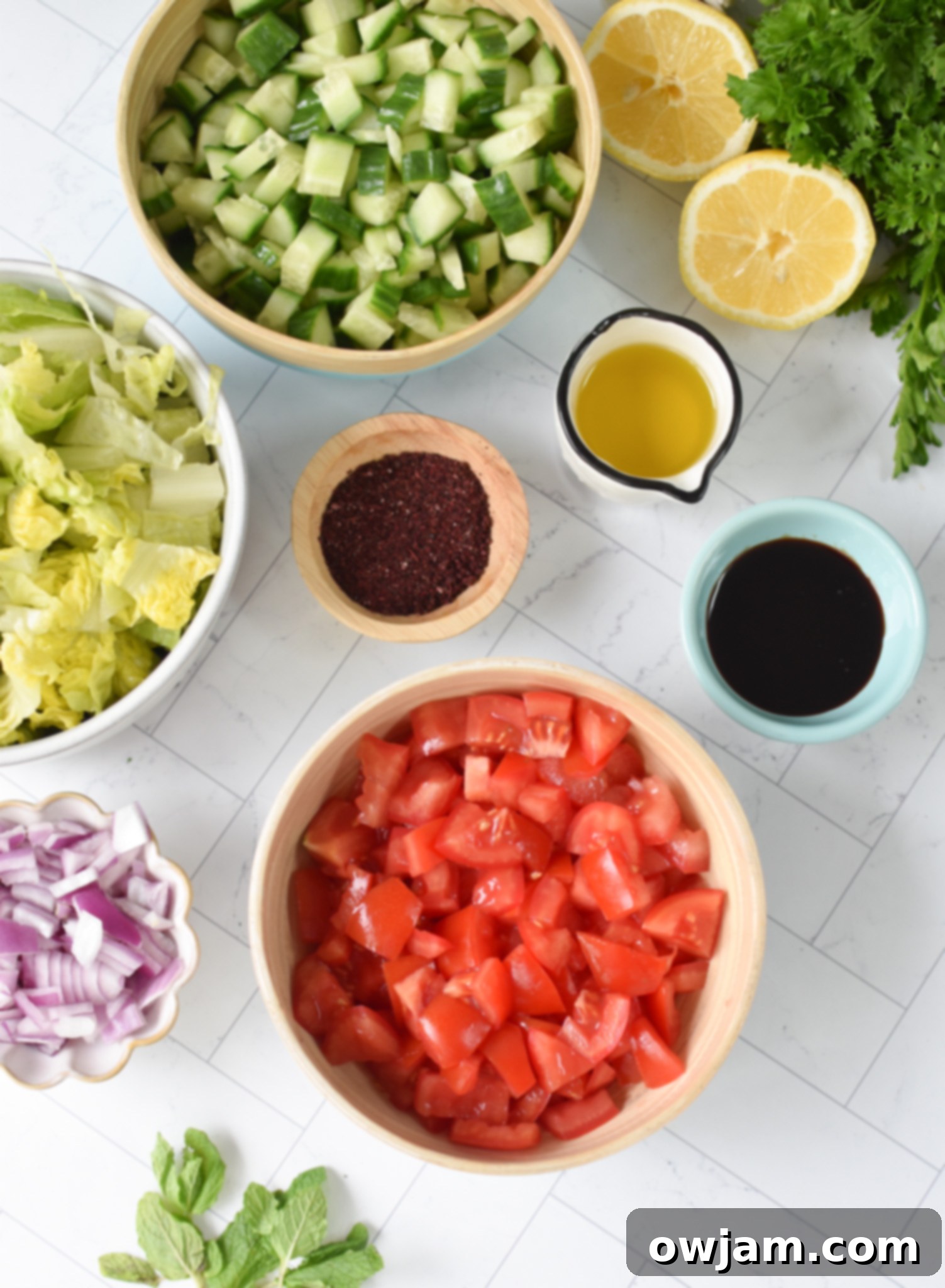 Simple Arabic Salad 4 Assorted fresh ingredients for Easy Arabic Salad neatly arranged, highlighting the quality produce used.