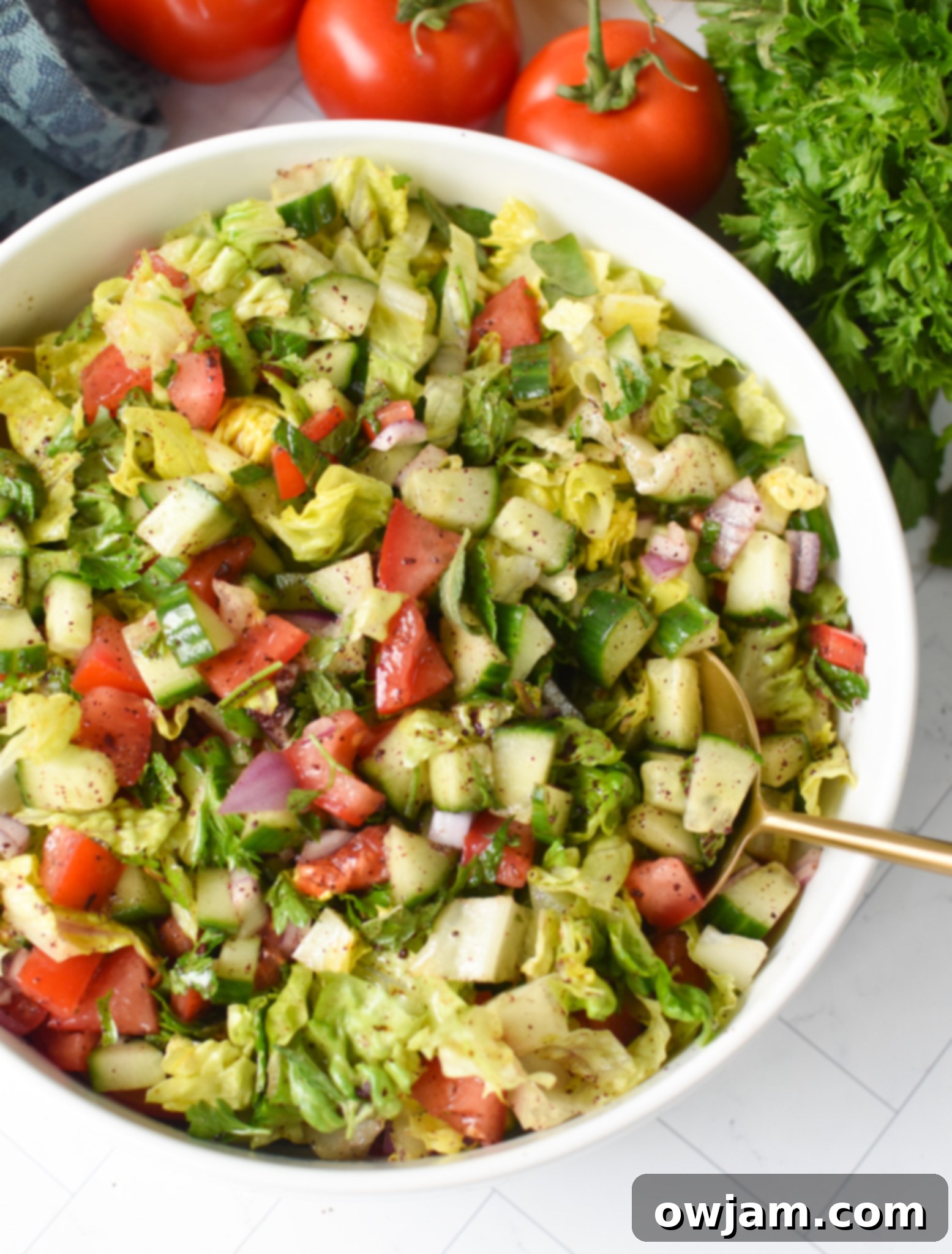 Simple Arabic Salad 10 Easy Arabic Salad in a bowl with a gold spoon, ready for a delicious meal.