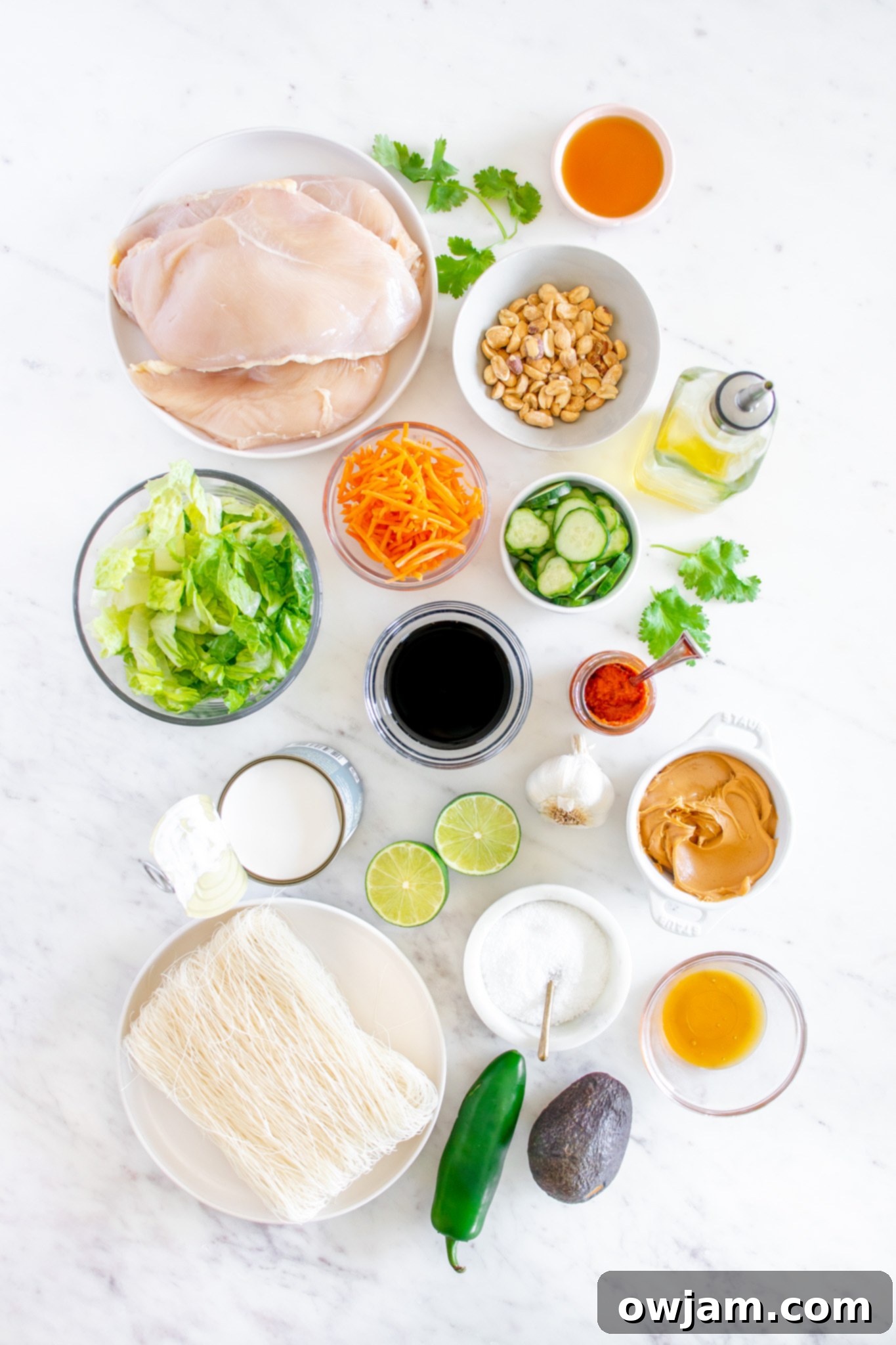 A vibrant display of fresh ingredients for Thai Chicken Noodle Salad.