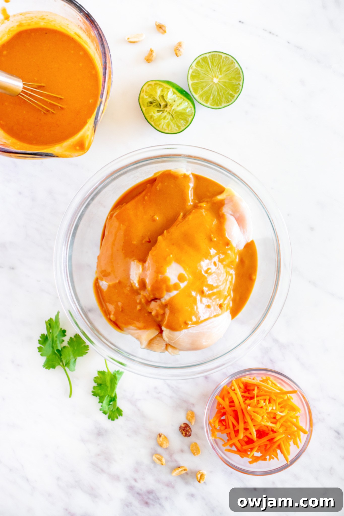 Marinated chicken ready for grilling for Thai Chicken Noodle Salad.