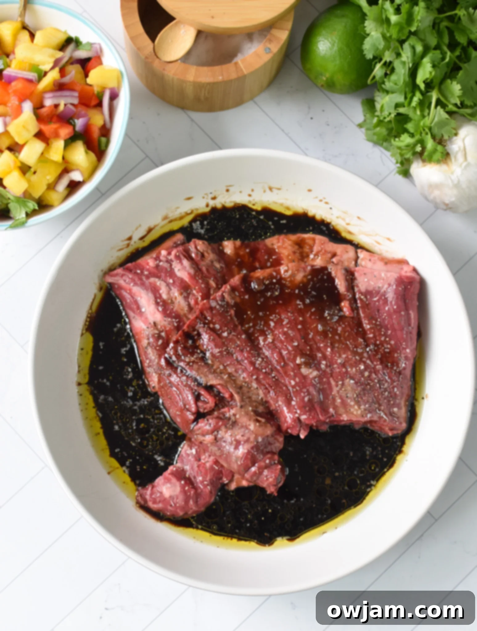 Balsamic Marinated Skirt Steak skirt steak in the marinade.