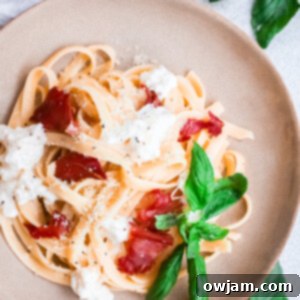 Prosciutto Pasta in a white bowl.