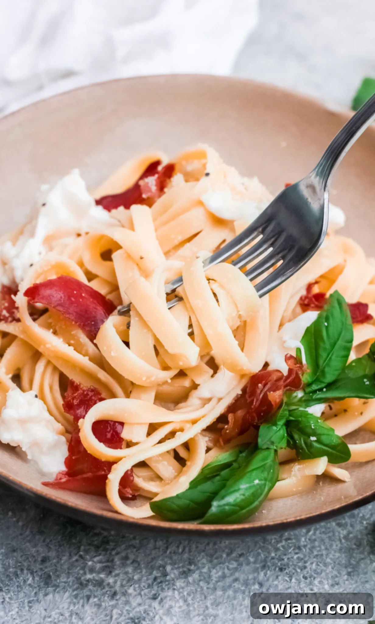Close-up of Prosciutto Pasta with a fork twirling pasta and fresh basil garnish.