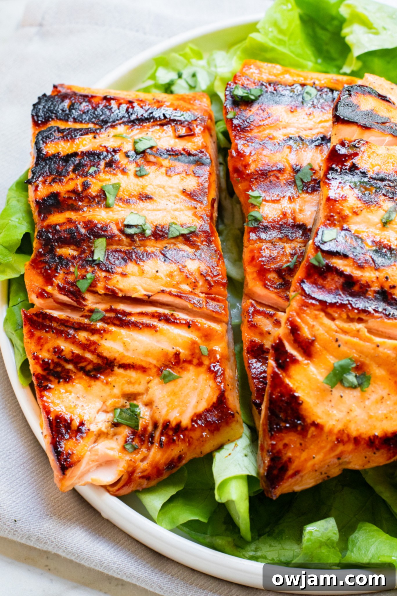 Honey Mustard Salmon multiple pieces on a platter. 
