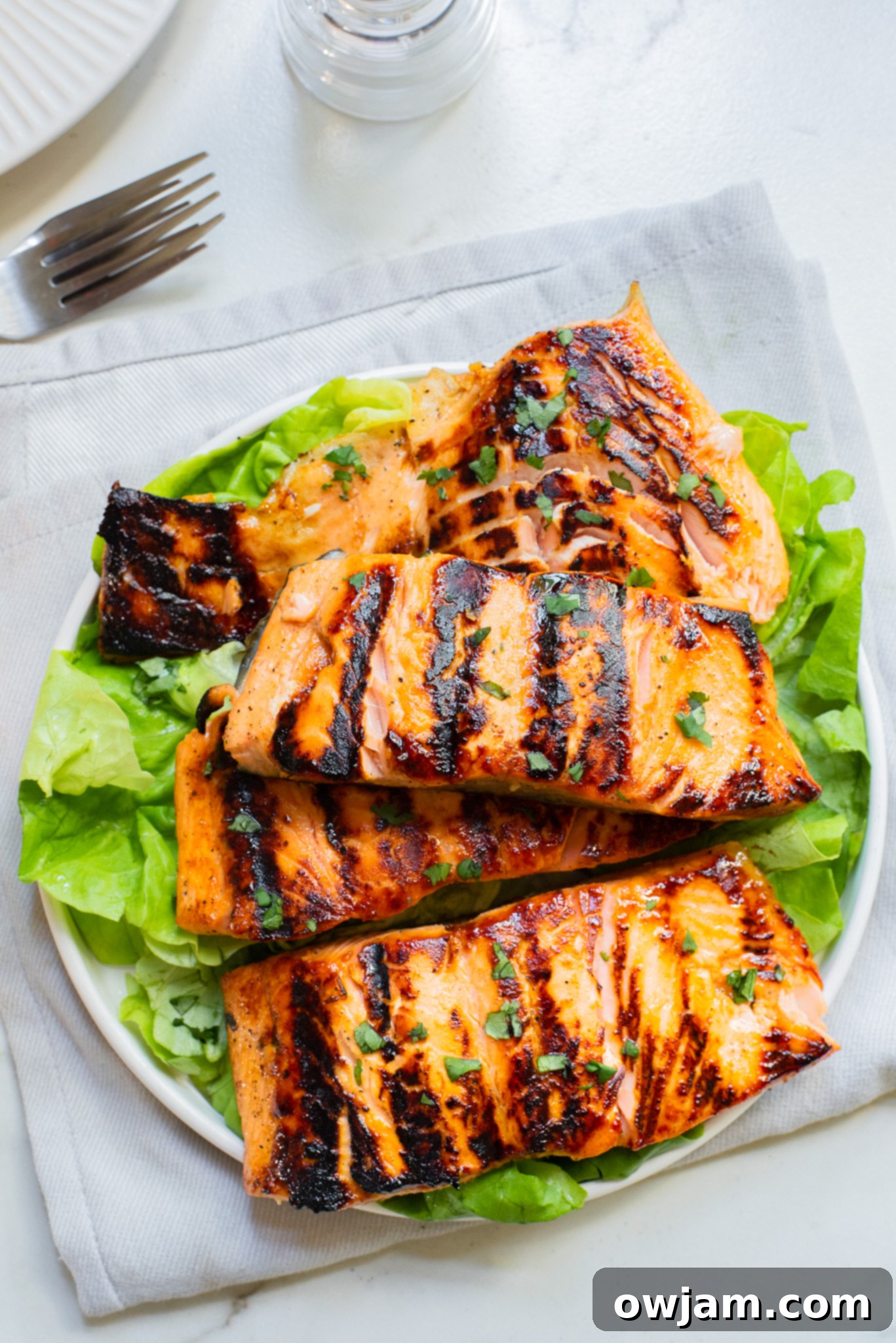 Honey Mustard Salmon on a bed of lettuce. 