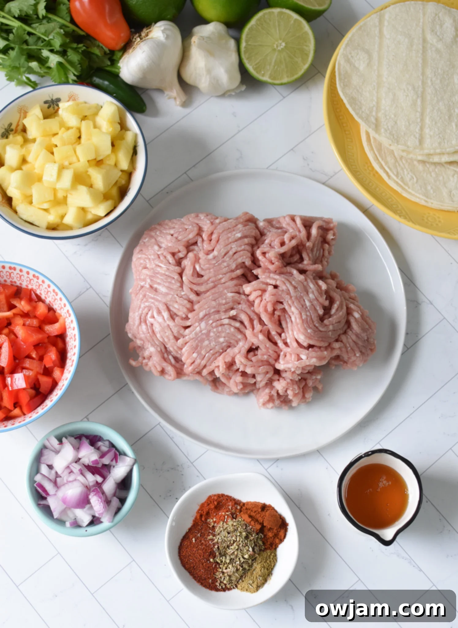 Effortless Ground Pork Tacos 3 Collection of fresh ingredients for Easy Ground Pork Tacos including pineapple, onion, peppers, lime, spices, and tortillas.