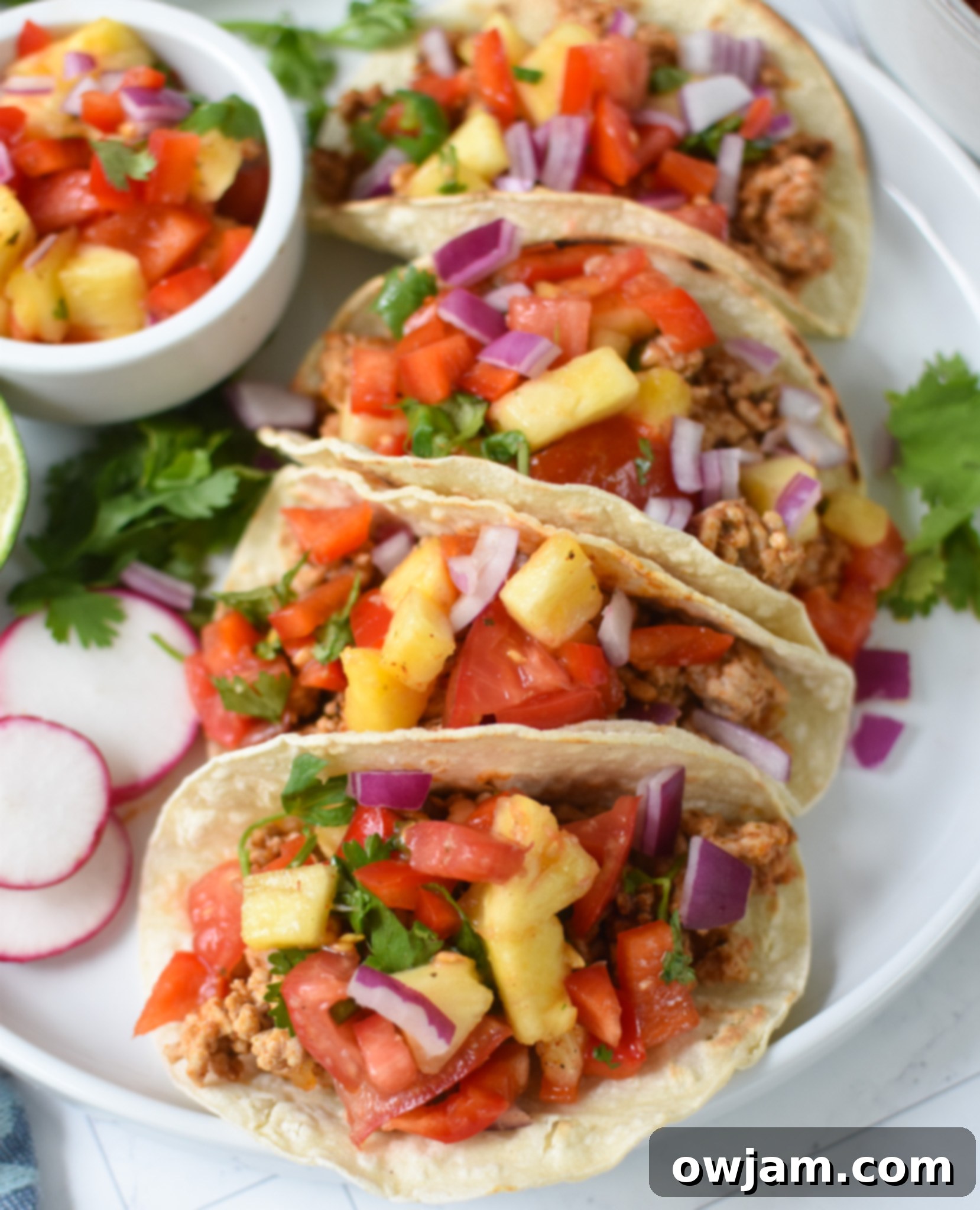 Effortless Ground Pork Tacos 7 Plated Easy Ground Pork Tacos with vibrant pineapple salsa, garnished with fresh cilantro and limes.