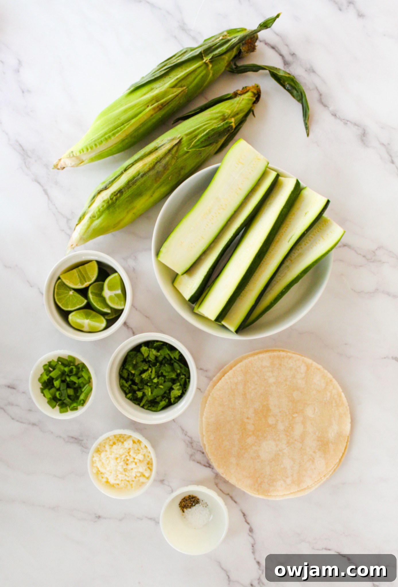 Zesty Zucchini Tacos 3 Easy Zucchini Tacos ingredients laid out on a table.