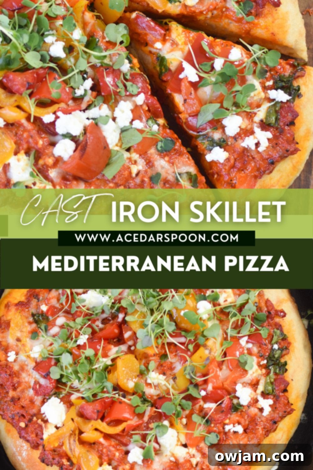 Rustic Cast Iron Mediterranean Pizza 9 Cast Iron Mediterranean Pizza with blog logo overlay.