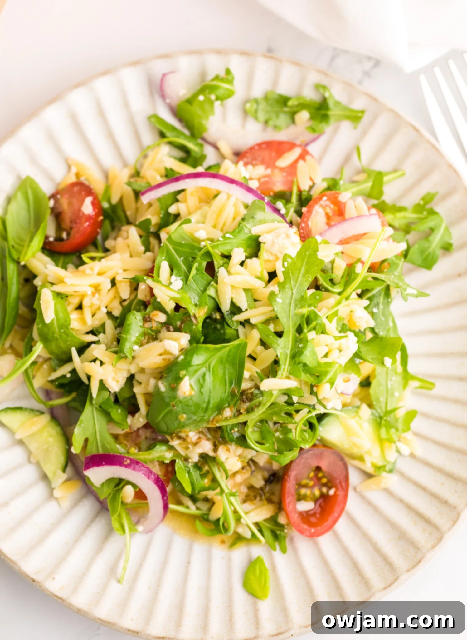 A single serving of Arugula Orzo Salad elegantly presented on a white plate, ready to be enjoyed.