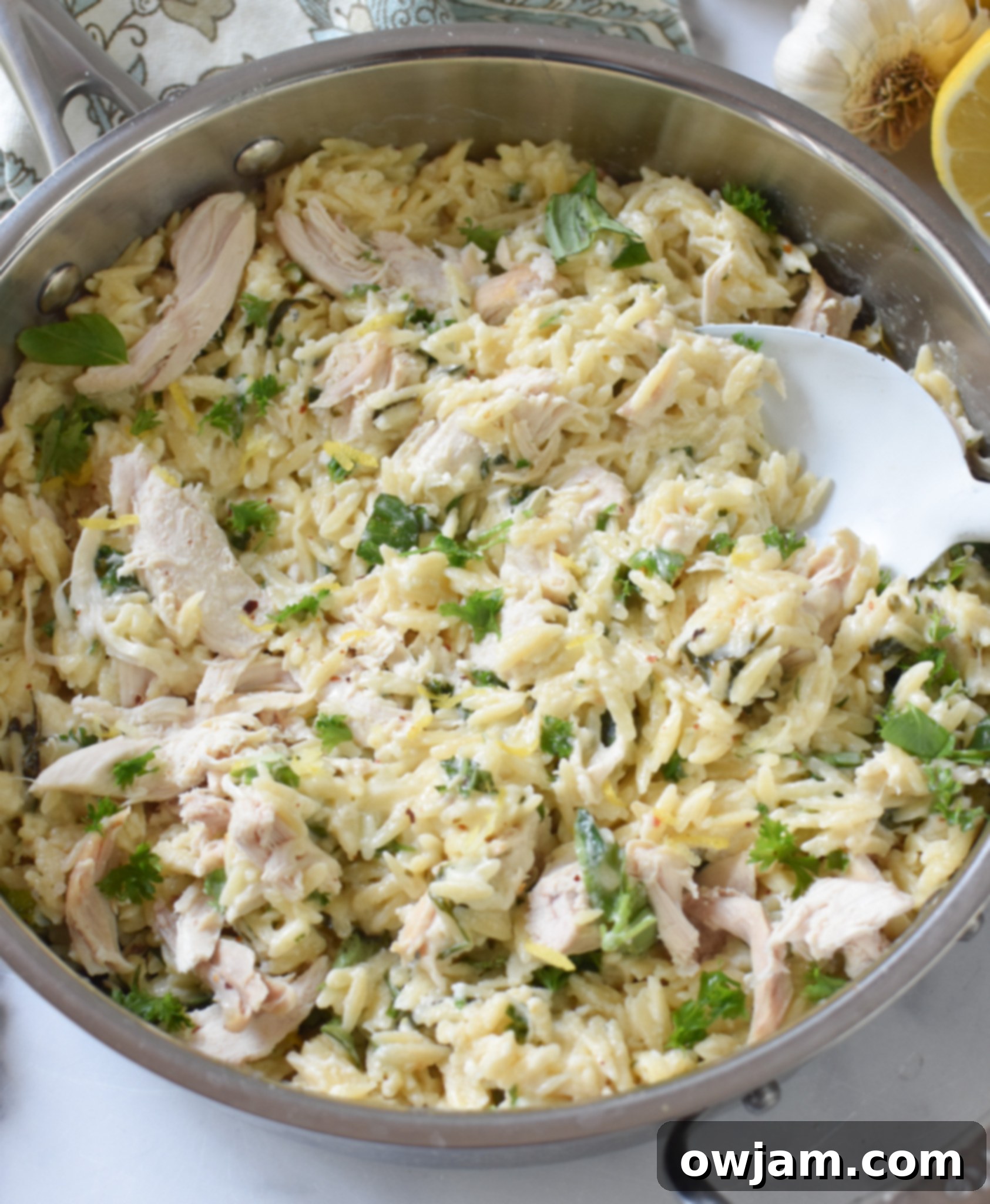 A serving of creamy Lemon Chicken Orzo in a white bowl, with a spoon digging in, garnished with fresh herbs and lemon zest.