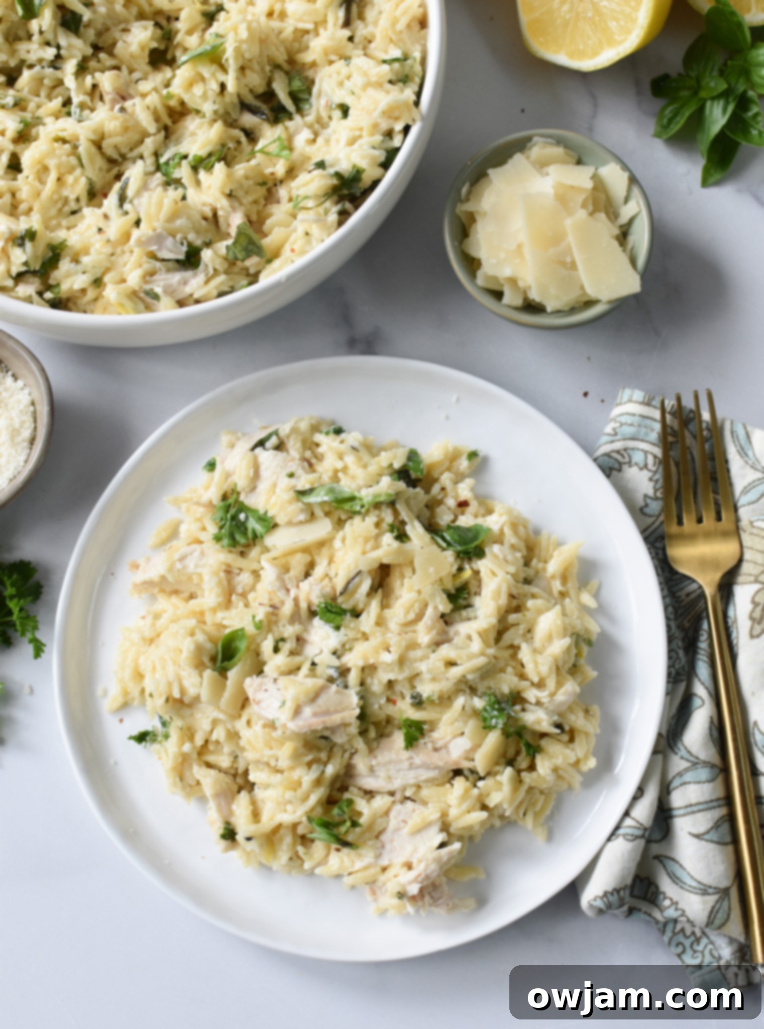 A beautifully plated dish of Lemon Chicken Orzo, garnished with fresh herbs and a lemon wedge, sitting on a wooden surface.