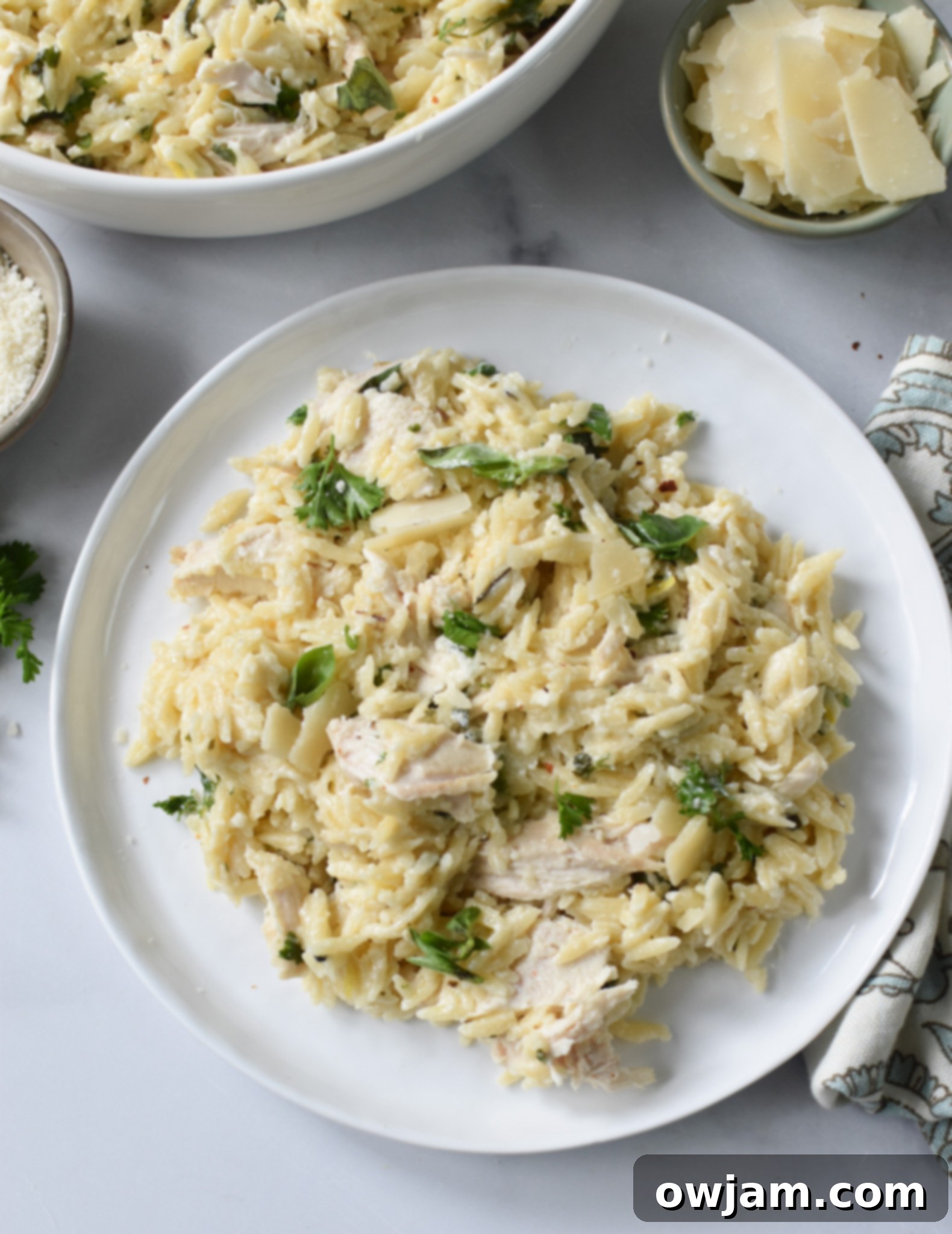 A close-up of Lemon Chicken Orzo on a white plate, ready to be served, showing its creamy texture and fresh basil garnish.