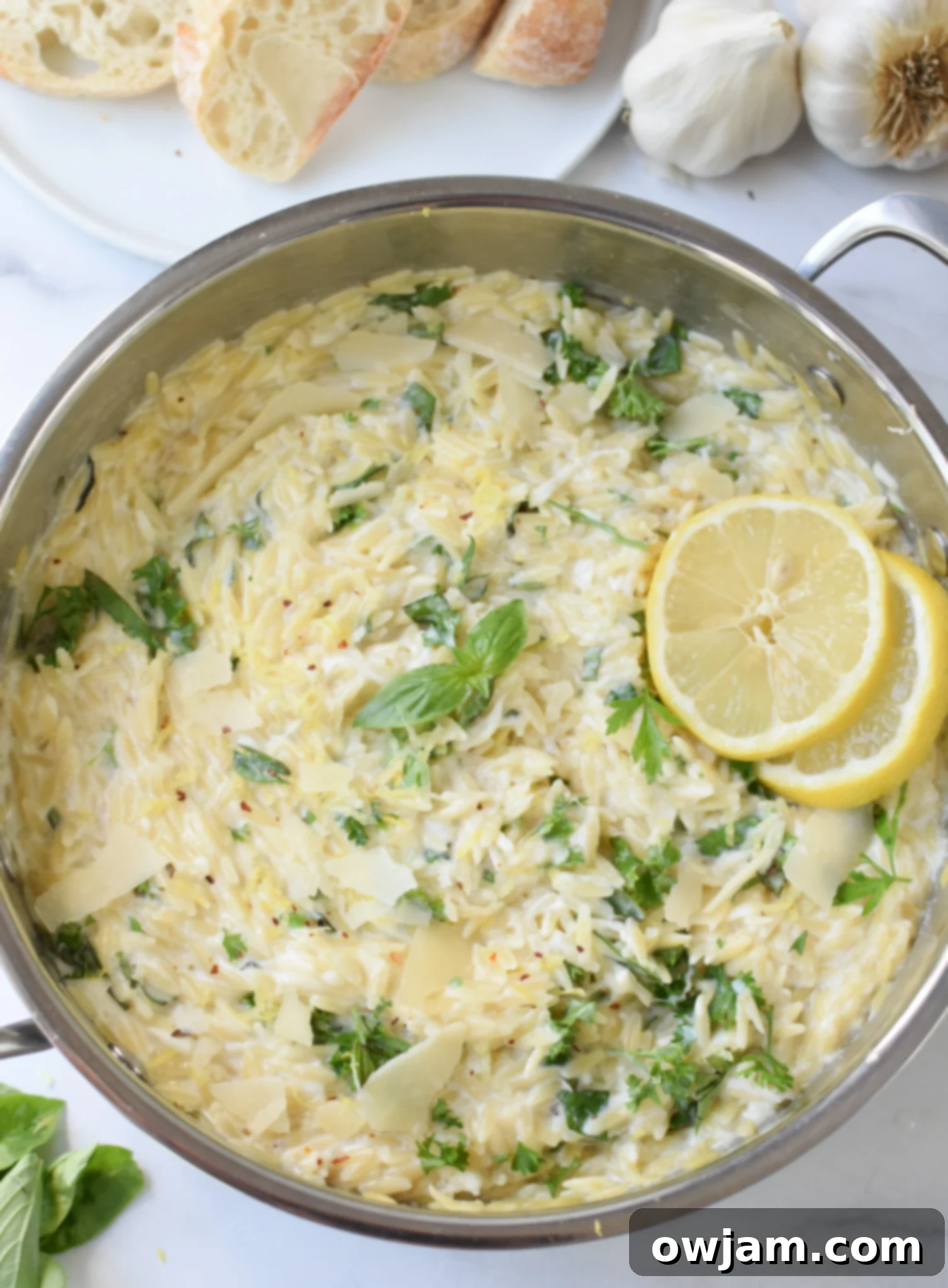A vibrant lemon half and fresh basil sprigs laid next to a bowl of creamy Lemon Chicken Orzo, emphasizing the fresh ingredients.