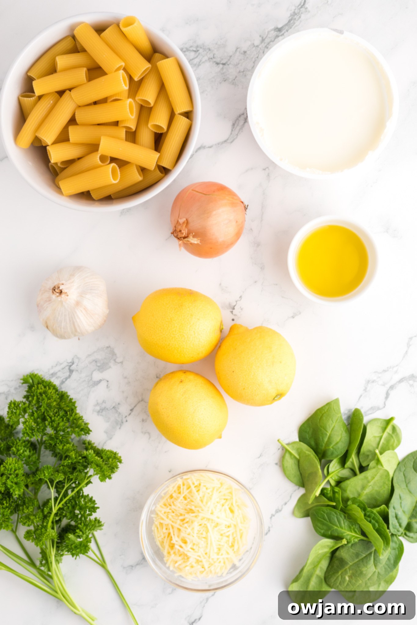 Zesty Lemon Ricotta Pasta 4 Individual ingredients for Lemon Ricotta Pasta laid out: pasta, lemons, ricotta, spinach, Parmesan, garlic, shallots, and olive oil.