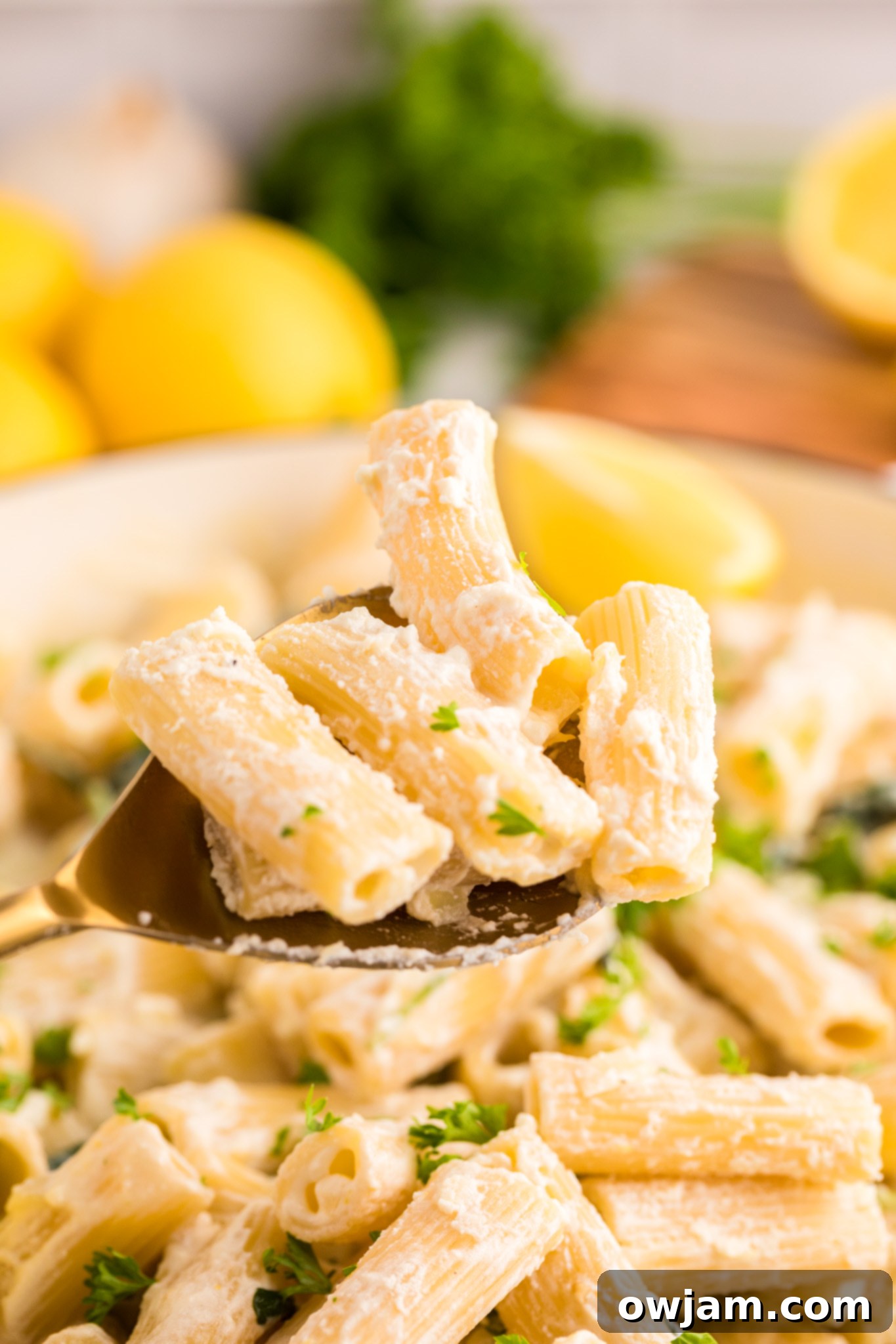 Zesty Lemon Ricotta Pasta 5 A close-up of Lemon Ricotta Pasta being served on a golden spoon, highlighting the rich, creamy sauce and pasta texture.