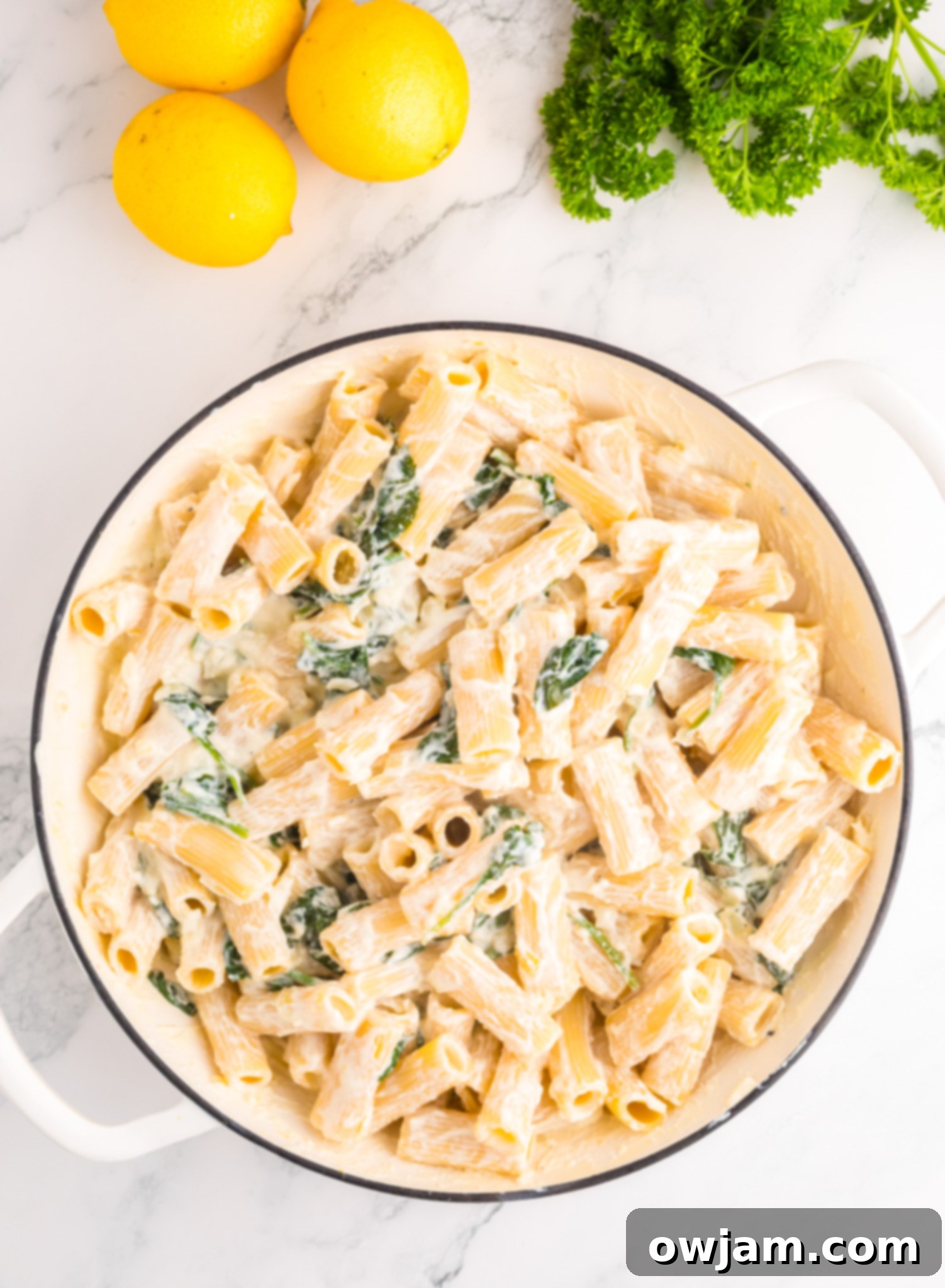 Zesty Lemon Ricotta Pasta 8 Lemon Ricotta Pasta in a bowl, garnished with fresh parsley and a lemon wedge, ready to be served.