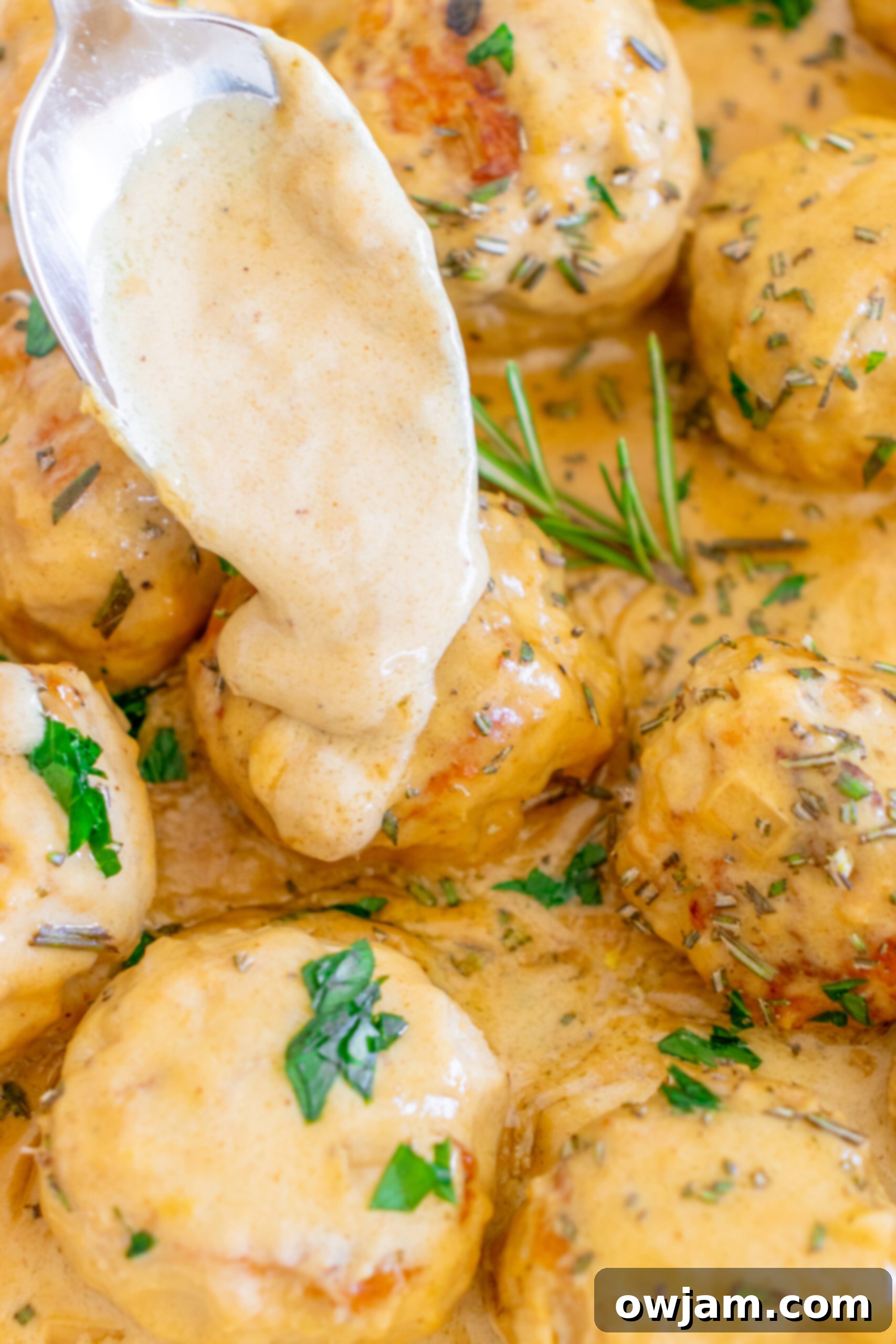 Maple Dijon Turkey Meatballs 13 A close-up of the creamy Maple Dijon sauce being spooned over a turkey meatball in a serving dish.
