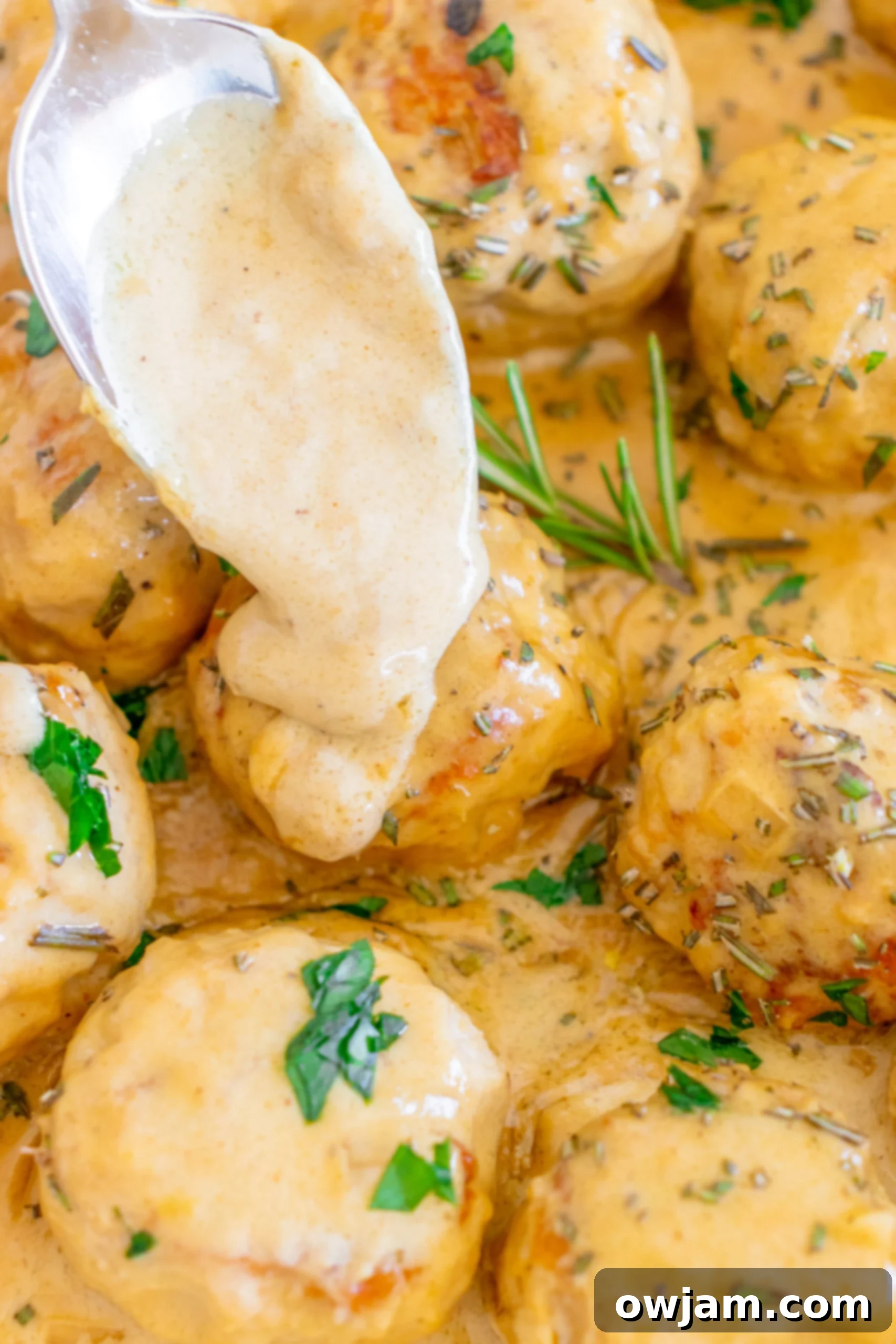 Sweet & Savory Maple Dijon Turkey Meatballs 13 A spoon scooping creamy sauce over a Maple Dijon Turkey Meatball in a Dutch oven.