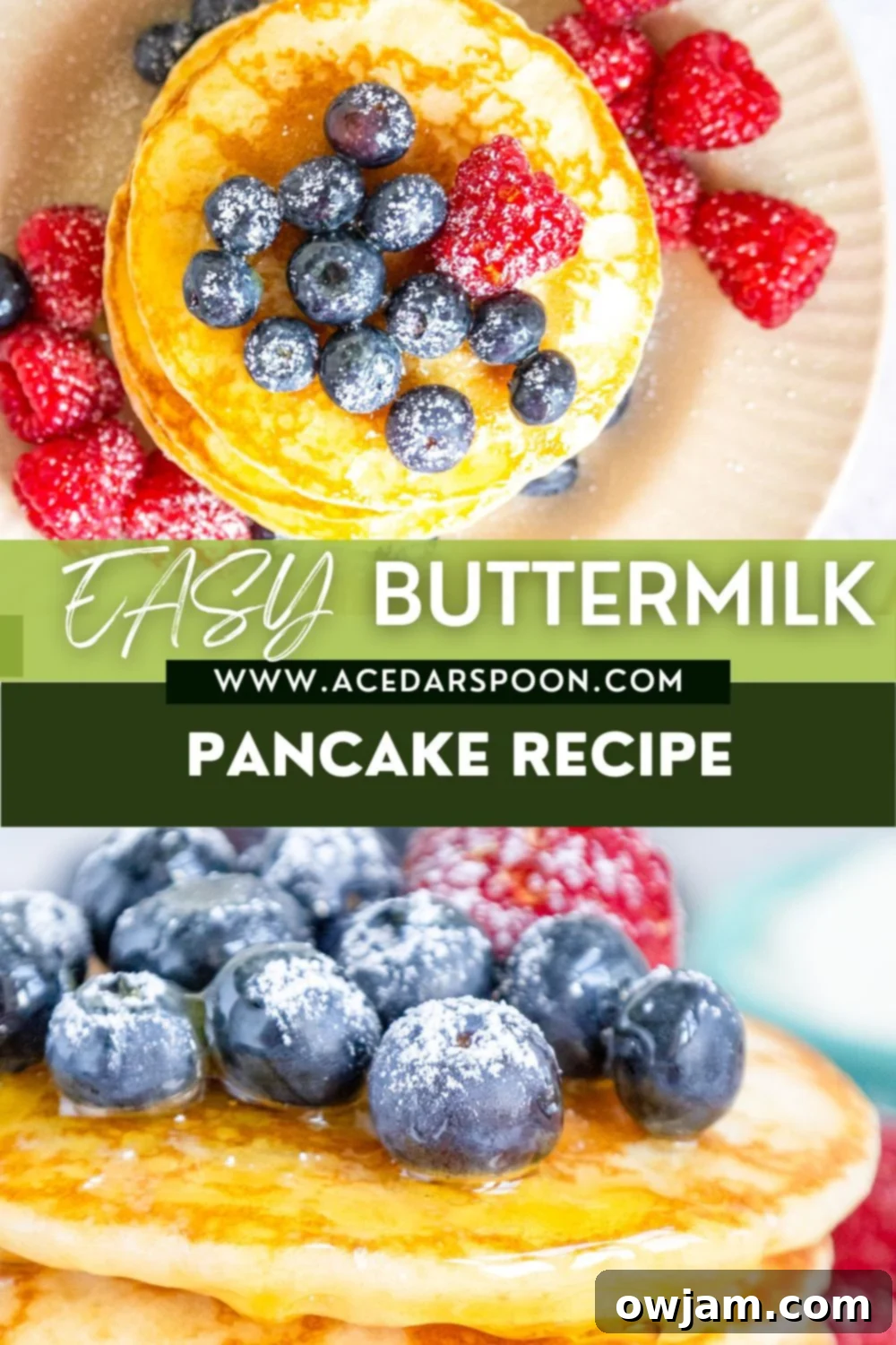 Cloud-Soft Buttermilk Pancakes 10 Homemade buttermilk pancakes with the brand logo 'A Cedar Spoon'.